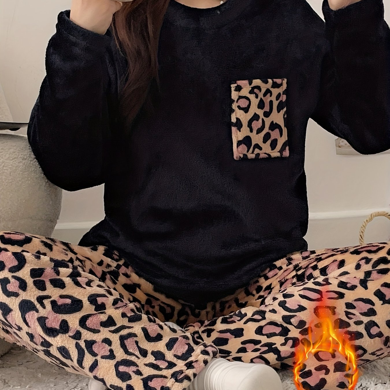 TEMU Autumn And Winter New Fleece Flannel Leopard Print Warm Long Sleeve Top Casual Comfortable Animal Pattern Pants Women's Pajama Set