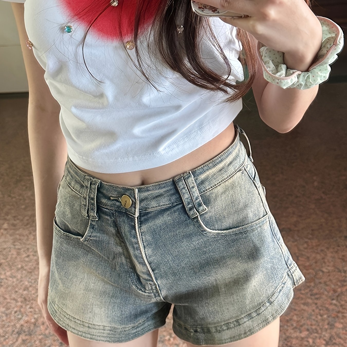 TEMU 【商品名】アメリカンビンテージ ワイドレッグ デニムショーツ レディース、夏向けデザイン、ハイウエスト、ルーズフィット、小柄な体型に、デートやショッピングに最適