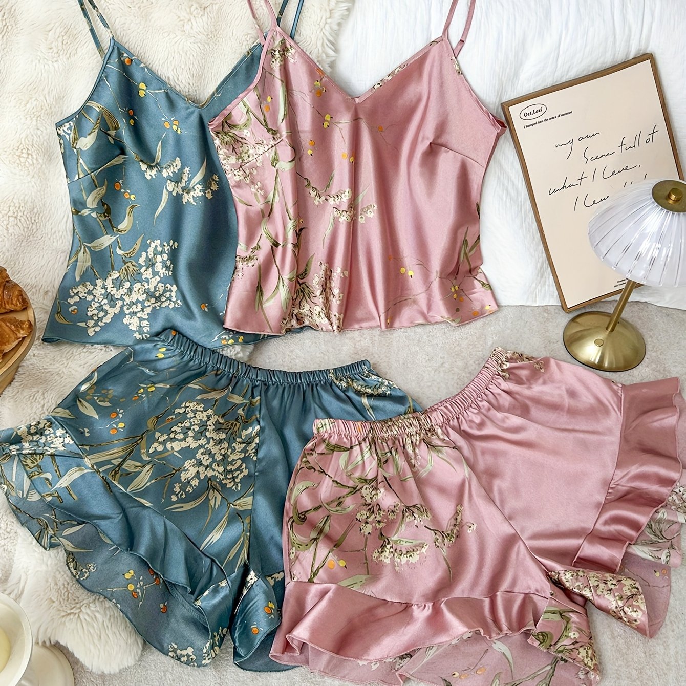 TEMU Floral Vacation Comfortable Suspender Shorts Pajamas Set Four-piece Set
