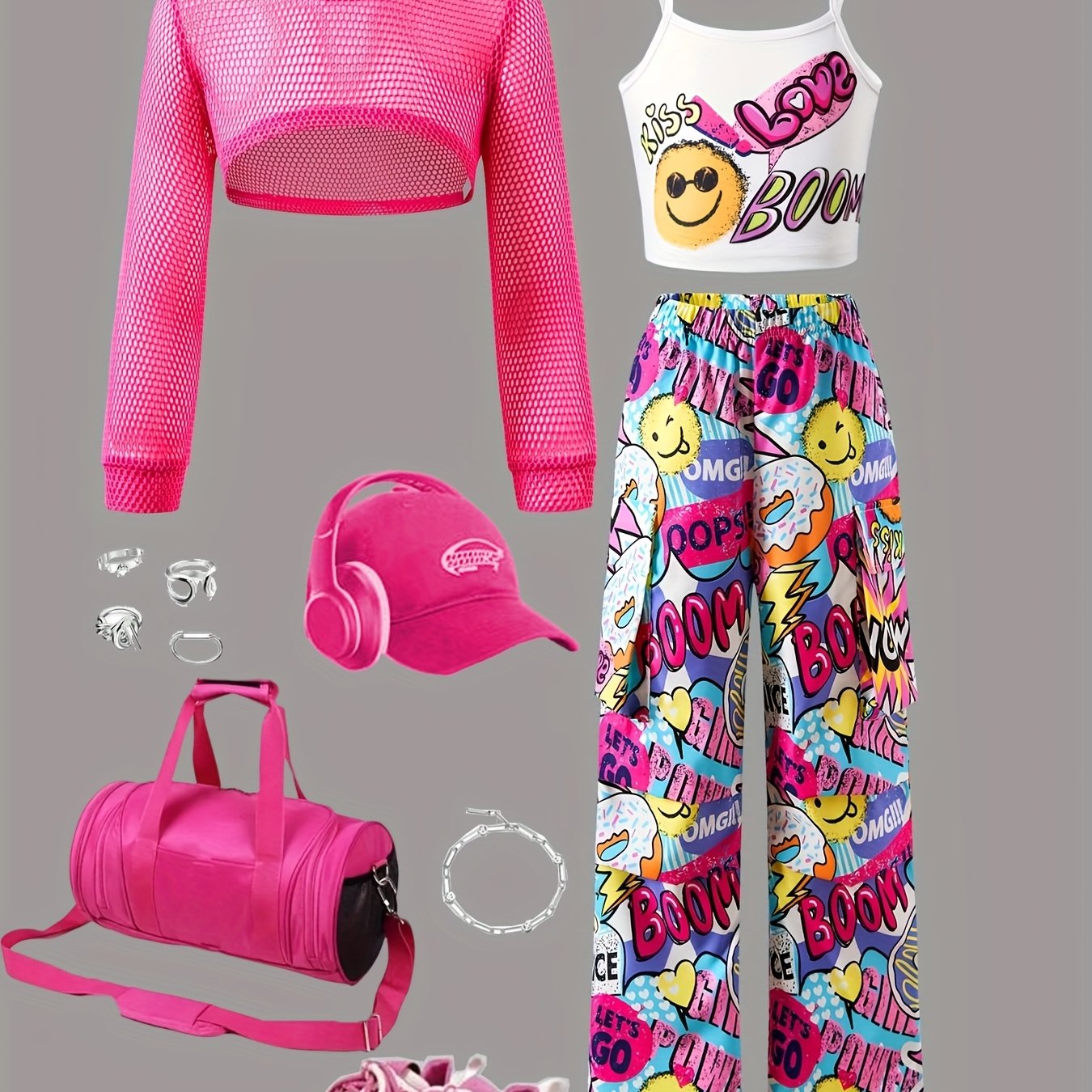 Image of Girls 110-150cm Autumn Casual School Style Letter Hot- Camisole And Hollow Long Sleeve Top And Cartoon Print Straight Long Pants 3pcs Set, For Outdoor