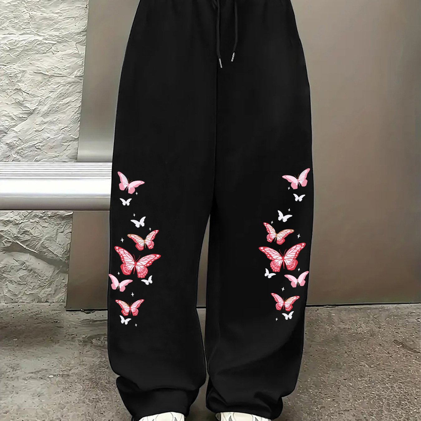 TEMU 1pc Women's Casual Polyester Sports Pants With Print, Elastic Waist Drawstring Straight-leg Trousers, Fashionable Hip-hop Street Style Wide-leg