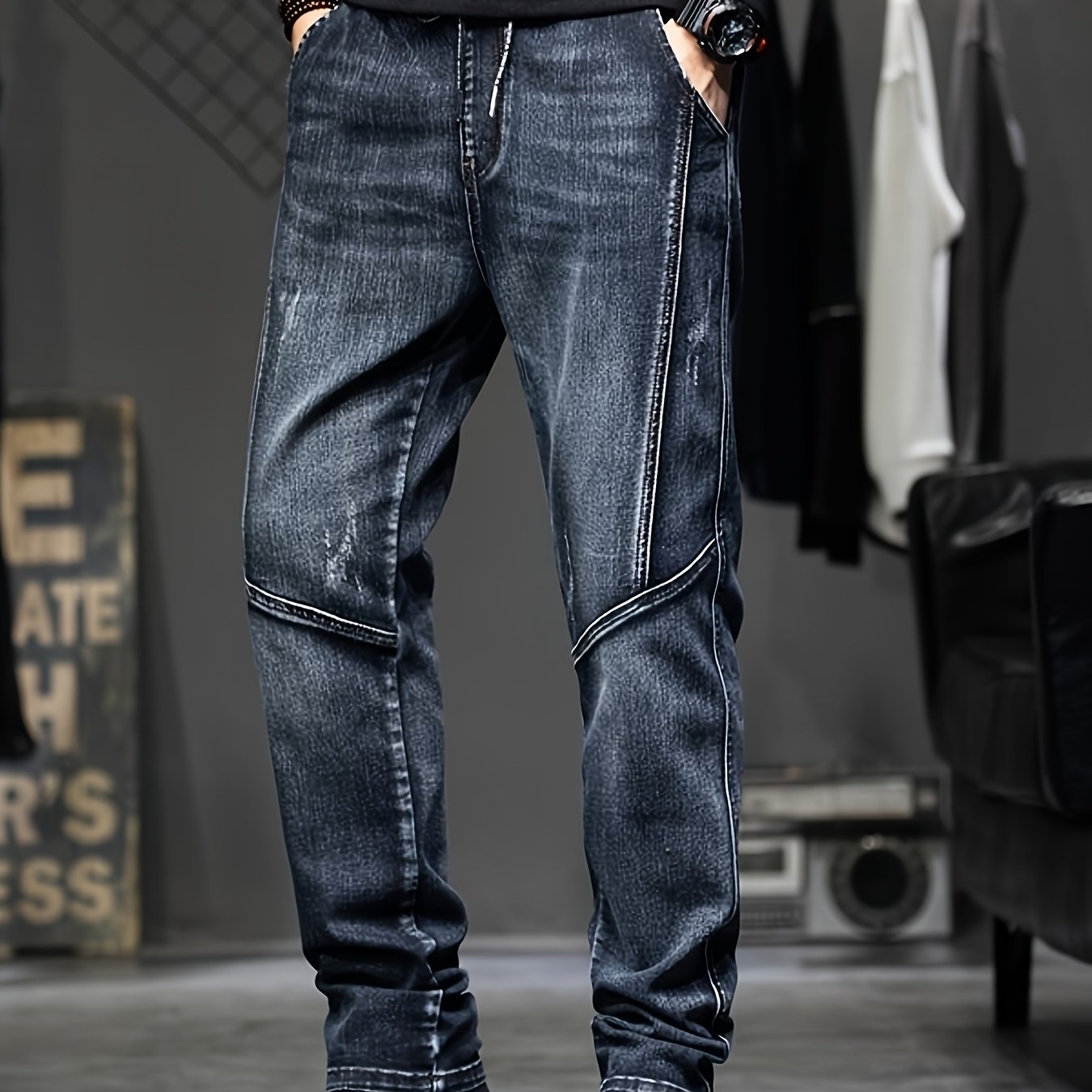 TEMU Men's Wide-leg Straight Leg Jeans With Elastic Drawstring Waist - Loose Fit Trousers Suitable For Wear, Machine Washable Wide Pants, Casual
