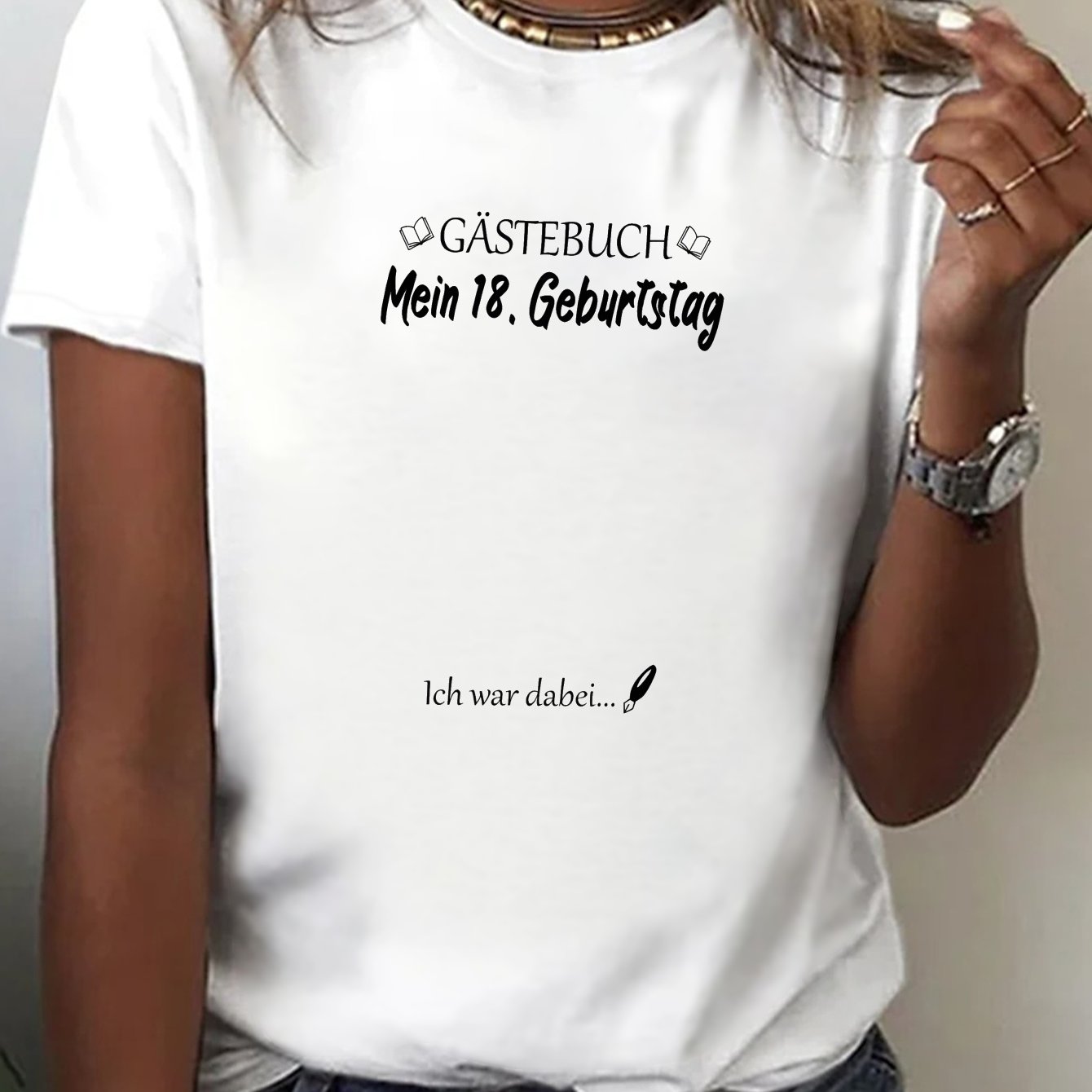 Image of Casual Short-sleeve Crew Neck T-shirt For Women, Featuring A Print For My 18th Birthday Guest Message Book, Perfect For Spring And Summer