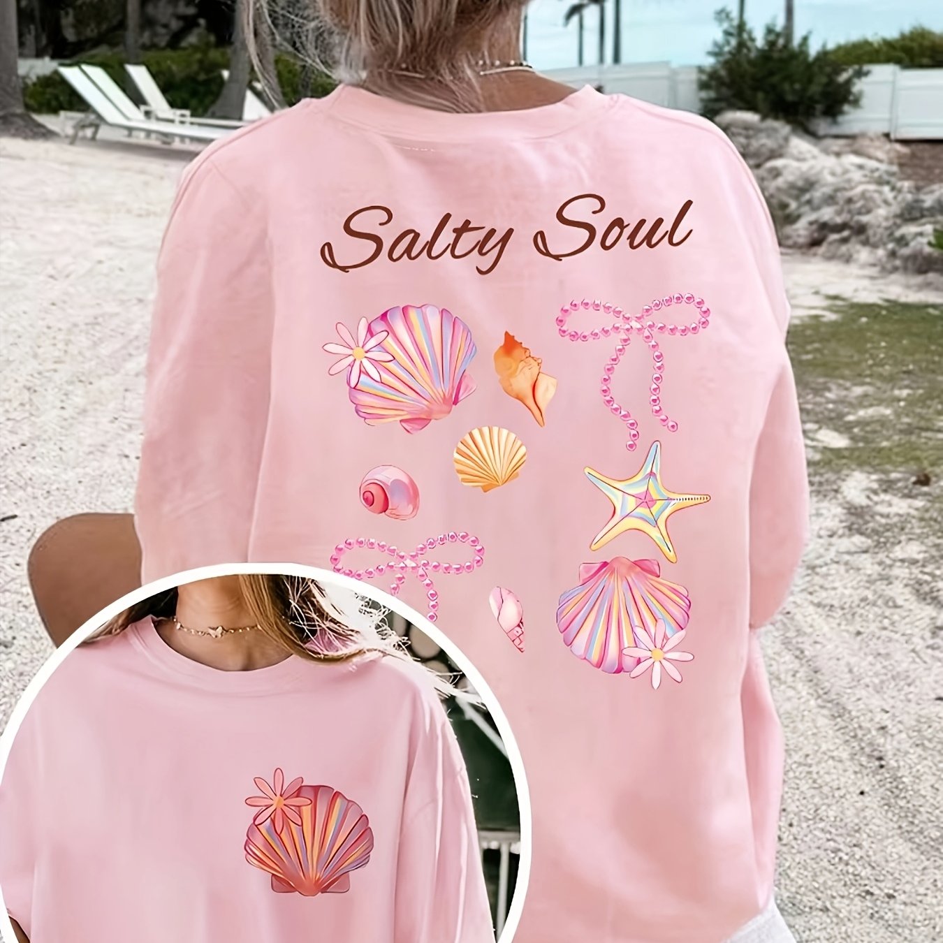 TEMU 2026 - Conch Star Artistic Letter Front And Back Pattern Print - Spring And Summer Beach - Casual Round Neck Short Sleeve Women's Top T-shirt -