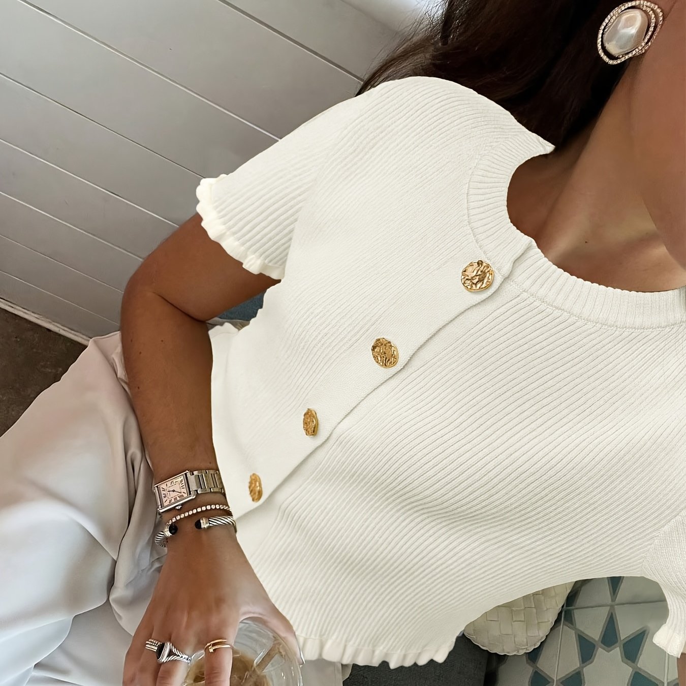 Image of Women's Summer Button Ear Design, Top, Elegant Casual Top Casual Short Sleeve, Suitable For Dating Daily Wear