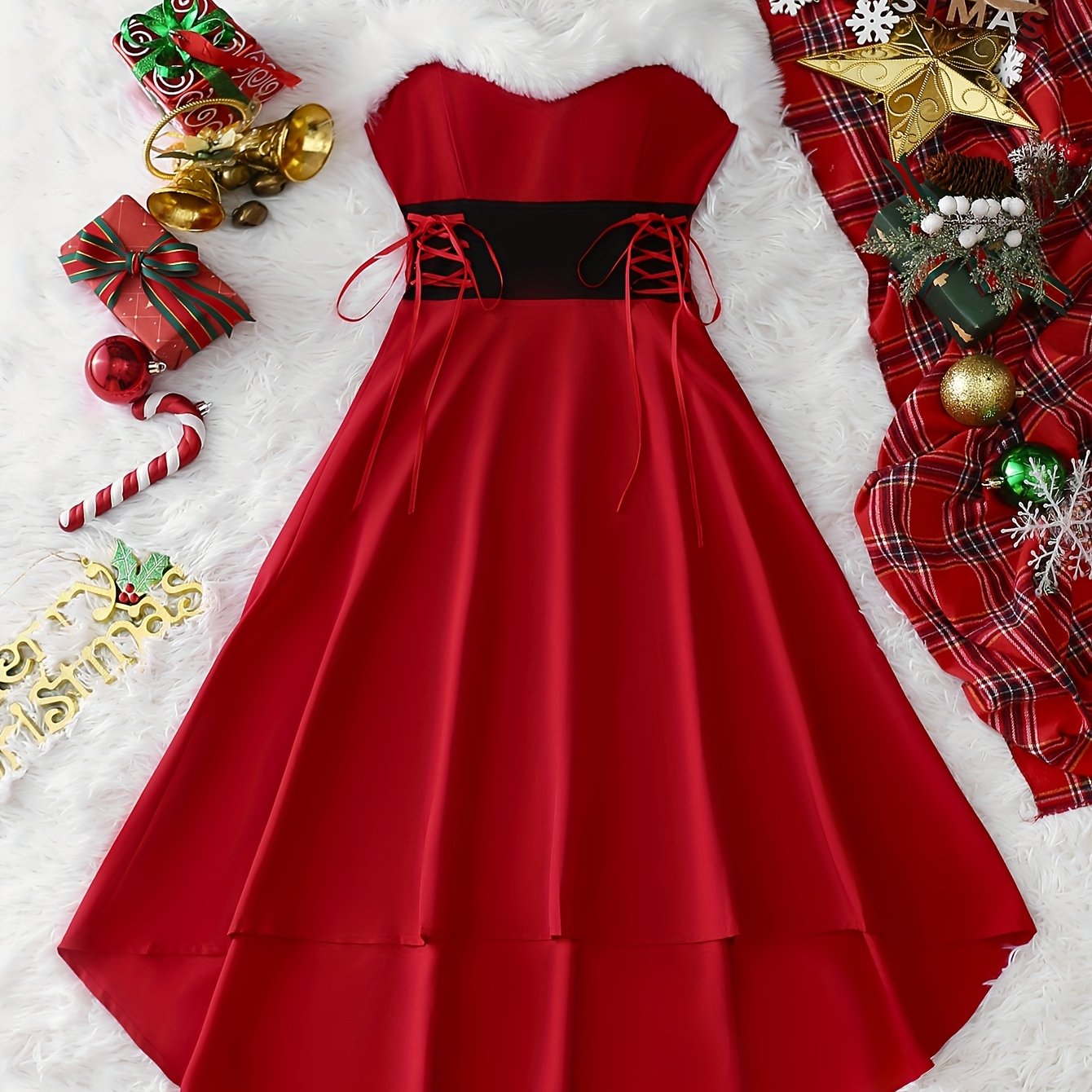 Christmas Orientation Sleeveless Off-shoulder Back Elastic Cross Strap Bow Tie Slim Front Short Back Long Color Block Stitching Suspender Elegant Retro Christmas Party Dress