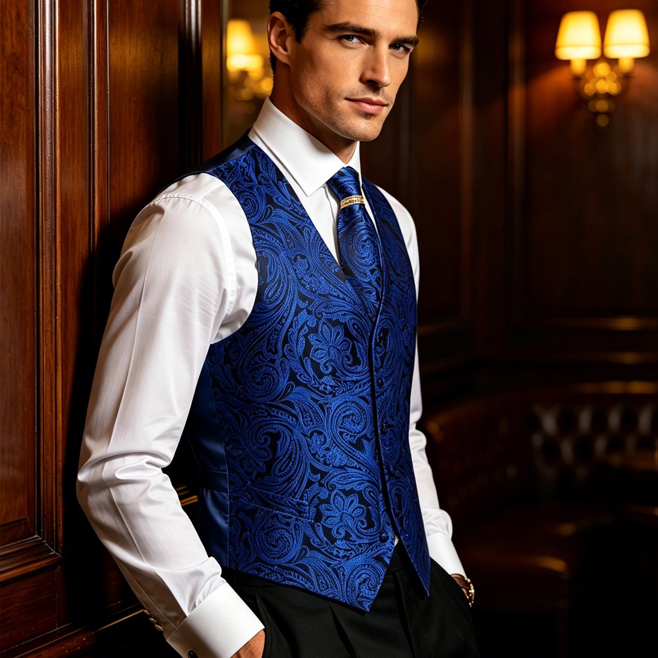 Image of Plus Size Men's Royal Blue And Black Paisley Jacquard 4pcs Formal Vest Set, Includes Waistcoat, Necktie, Pocket Square And Accessory, Big And Tall Suit For Evening Events, Prom And Banquets