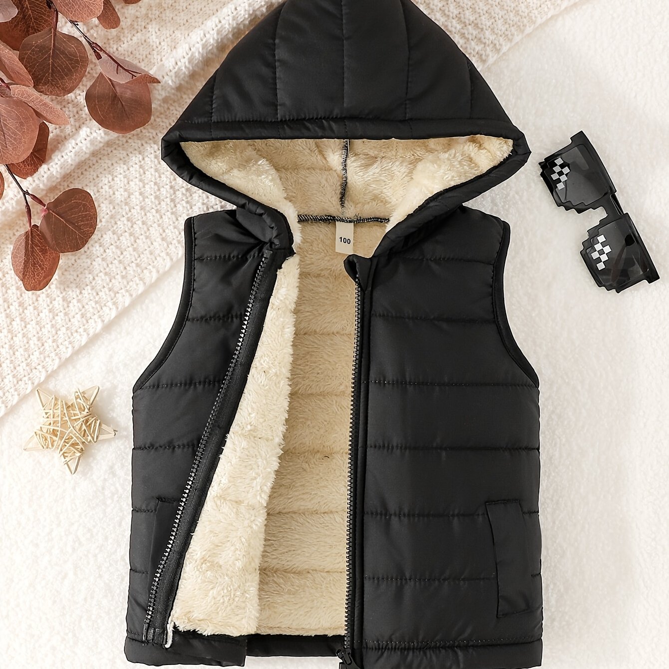 TEMU Boys' Autumn Winter New Hooded Vest, Fleece-lined Versatile Item, Zipper With Fake , Essential For Outfits, Casual Wear, Layering For , Gift For