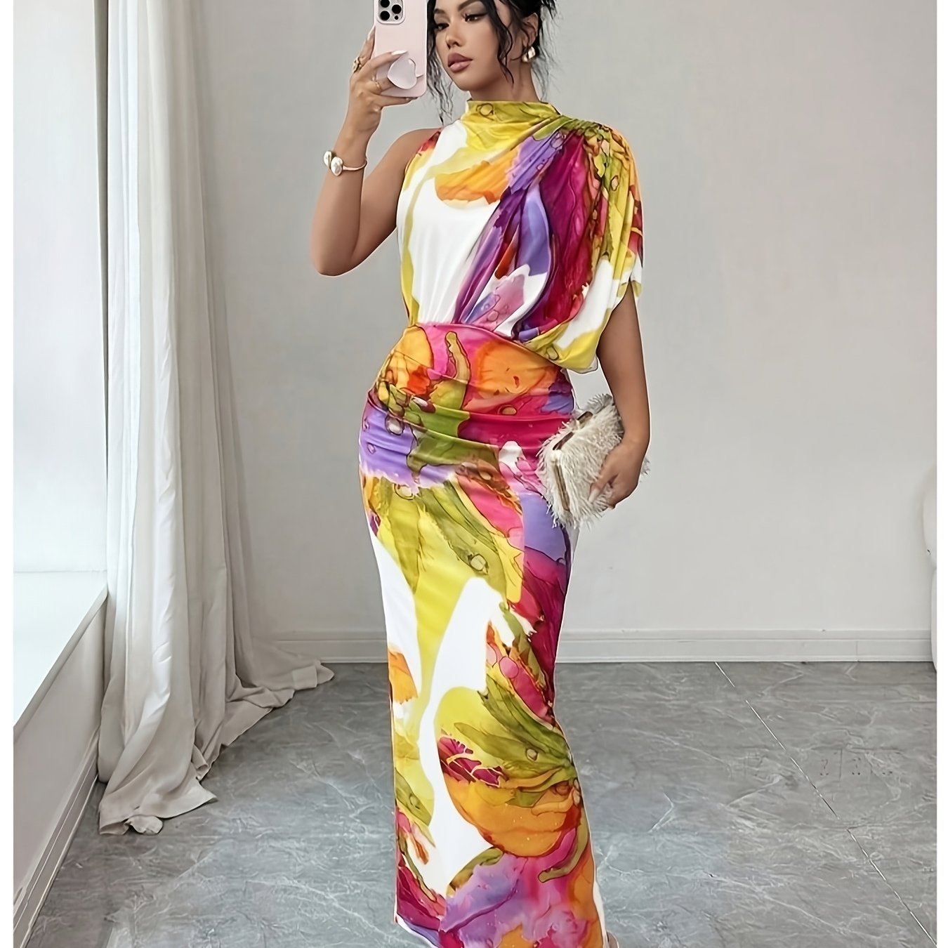 TEMU Women's Elegant One-shoulder High Neck Sleeveless Bodycon Maxi Dress With Ruched Waist & Fit - Machine Washable Suitable For Vacation, Party,