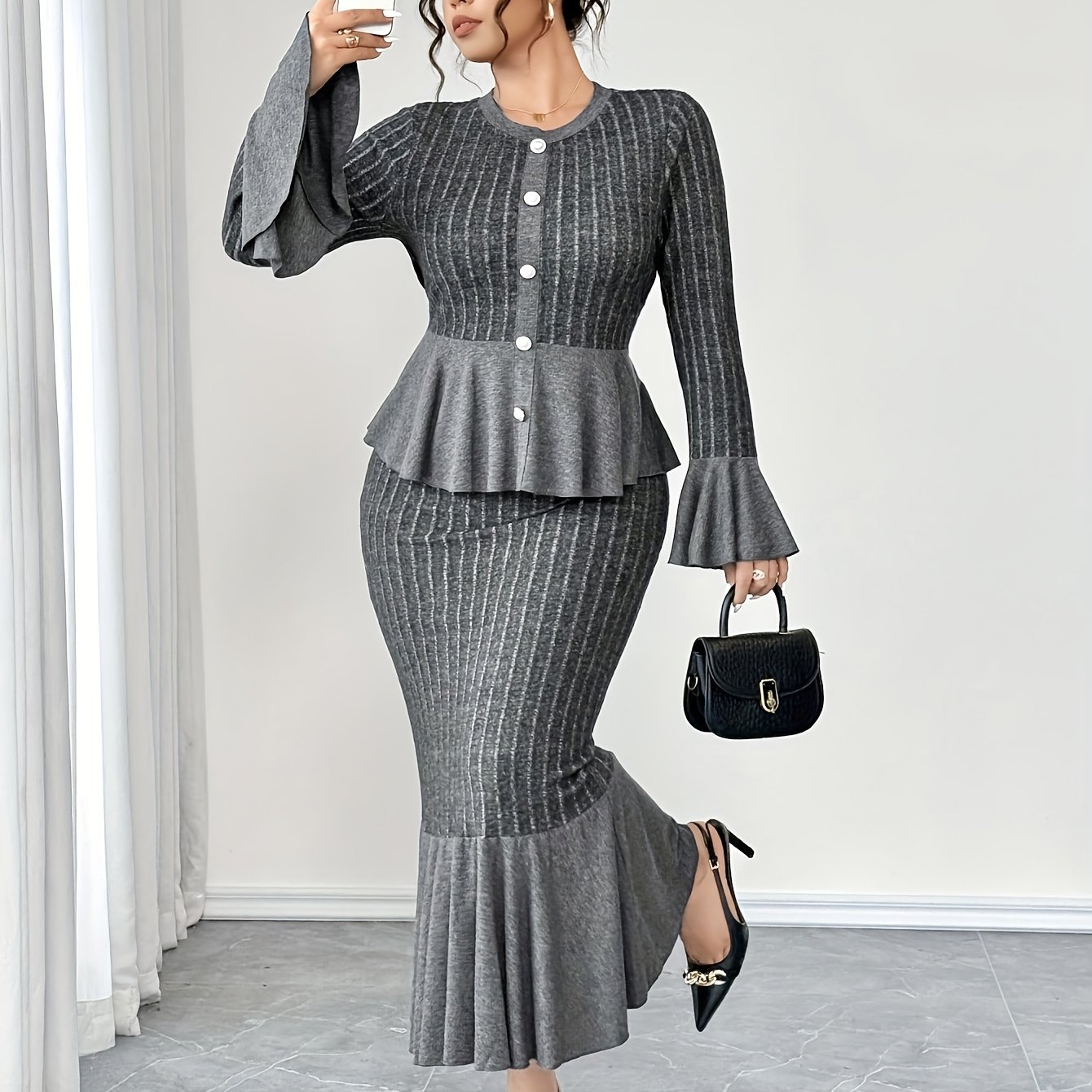 TEMU Grande Taille - Mode Grande Taille Printemps, Automne et Hiver pour Femmes, Nouveau Style Côtelé, Assortiment de Couleurs, Col Rond, Manches