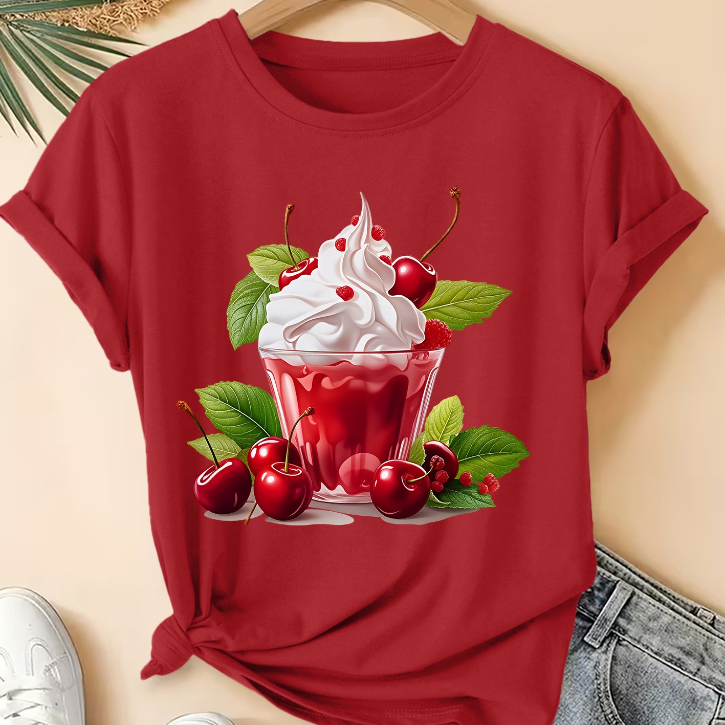 TEMU Women's Summer Clothing Cream Print Round Neck Short-sleeved T-shirt Sweet Retro Style Fashion Commuting Vacation Daily Versatile Plus Size
