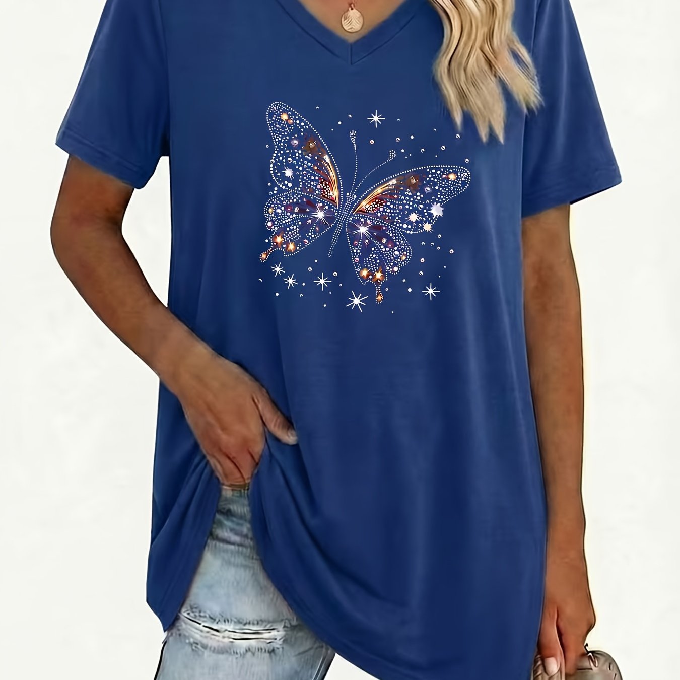 TEMU Plus Size, Plus Size Women's V-neck Geometric Pattern T-shirt