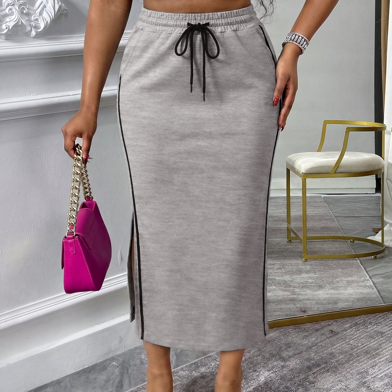 TEMU A Must--sided Slit Drawstring Midi Skirt For Your Wardrobe, An Essential Mid-length Skirt That Pairs Effortlessly With