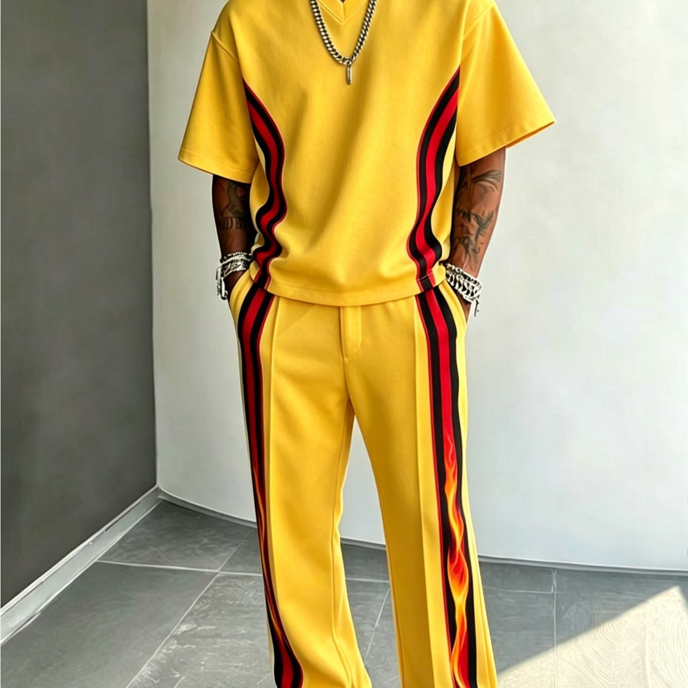 2026 Summer -style Flame Stripe Set For Men, Loose V-neck Short Sleeve And Wide-leg Pants 2pcs Trendy Set