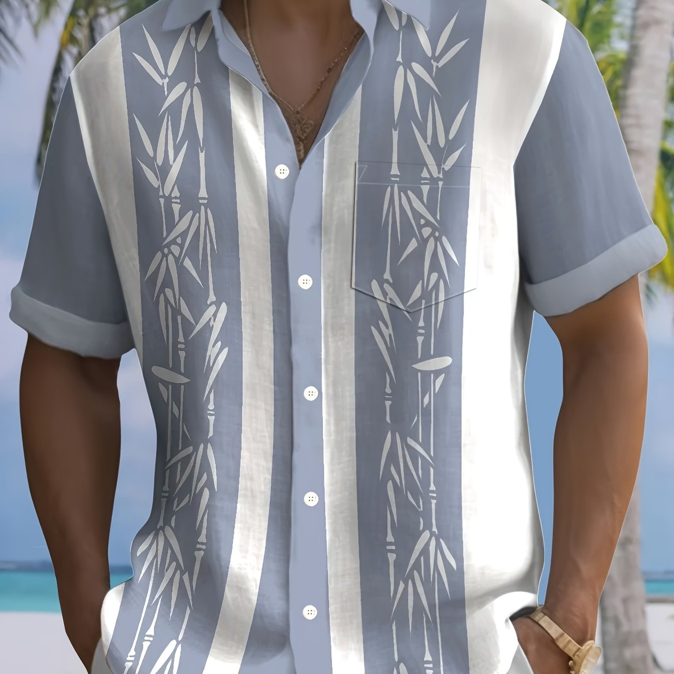 Men's Casual Bamboo Print Short Sleeve Shirt, Men's Shirt For Summer  Vacation Resort, Tops For Men