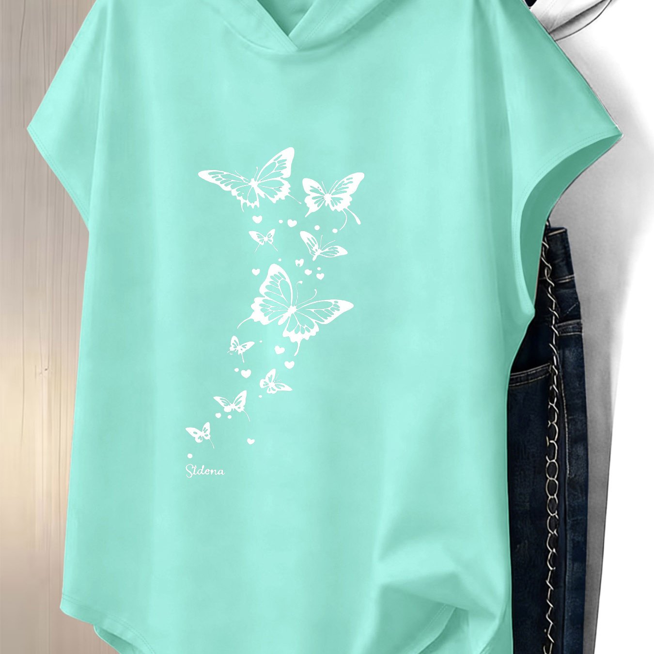 TEMU Women's Top - Short Sleeve V-neck Cowl Neck Blouse With Rhinestone Design, Curved Hem Casual Loose Fit Tunic Shirt - Perfect For Summer Beach