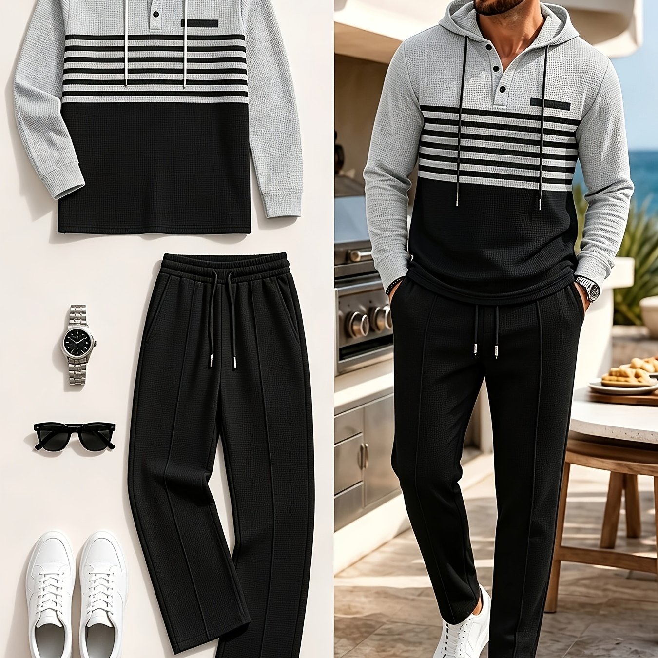 Minimalist Men's Sports Suit Hooded Striped Top+same Color Pants, For Daily