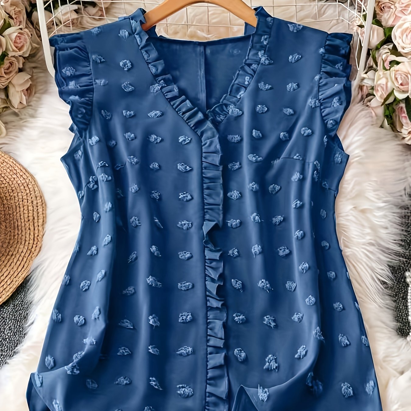 TEMU Plus Size, Plus Size Women' Color Dot Ruffle Hem Sleeveless Shirt For Vacation Casual Wear