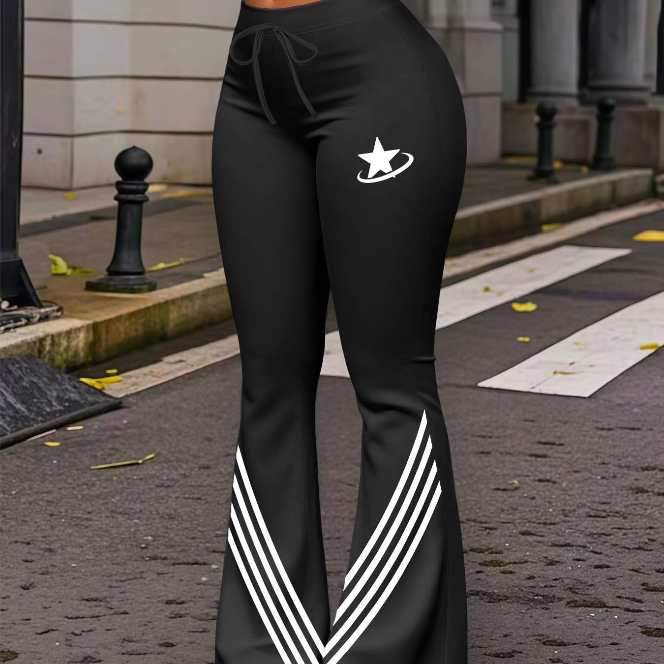 TEMU 2026 Women's Casual Stretch Leggings With Star And Geometric V-shaped White Stripe Print | Drawstring Waist, , Street-style Retro Pants For