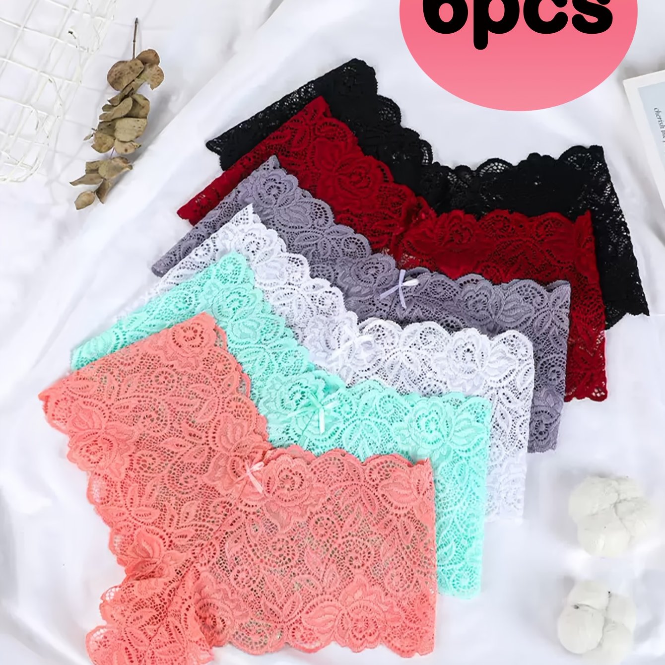TEMU 6 piezas de bragas de encaje de lujo para mujer - Diseño de tela transparente y transpirable y de | Comodidad invisibles en 6 colores para uso