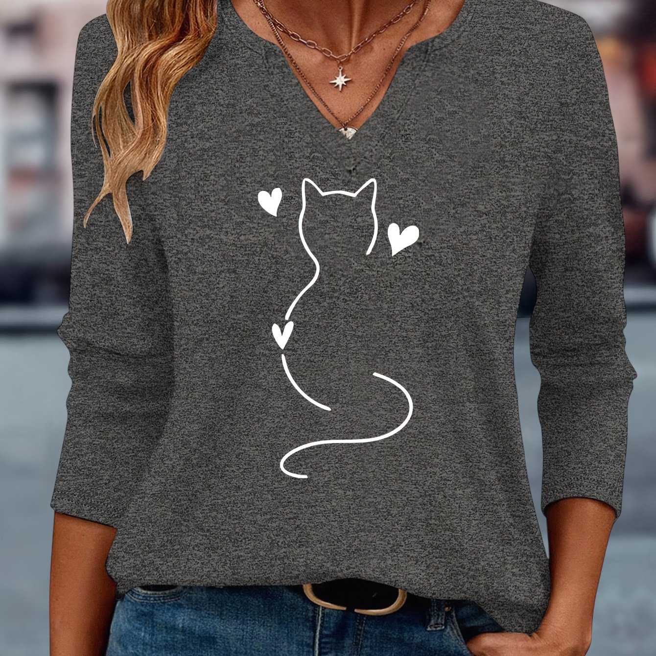 TEMU Haut pour femme automne/hiver avec imprimé à motif de chat et de cœur, col en V, manches -, T-shirt polyvalent, , décontracté, simple et