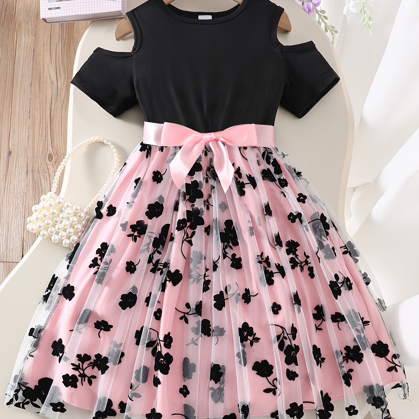 Girl's Elegant Casual Dress, Pink Floral Chiffon Skirt With -shoulder Design And Detachable Pink Ribbon Bow, Outfit Gift For Girls' Holiday And Birthday Parties