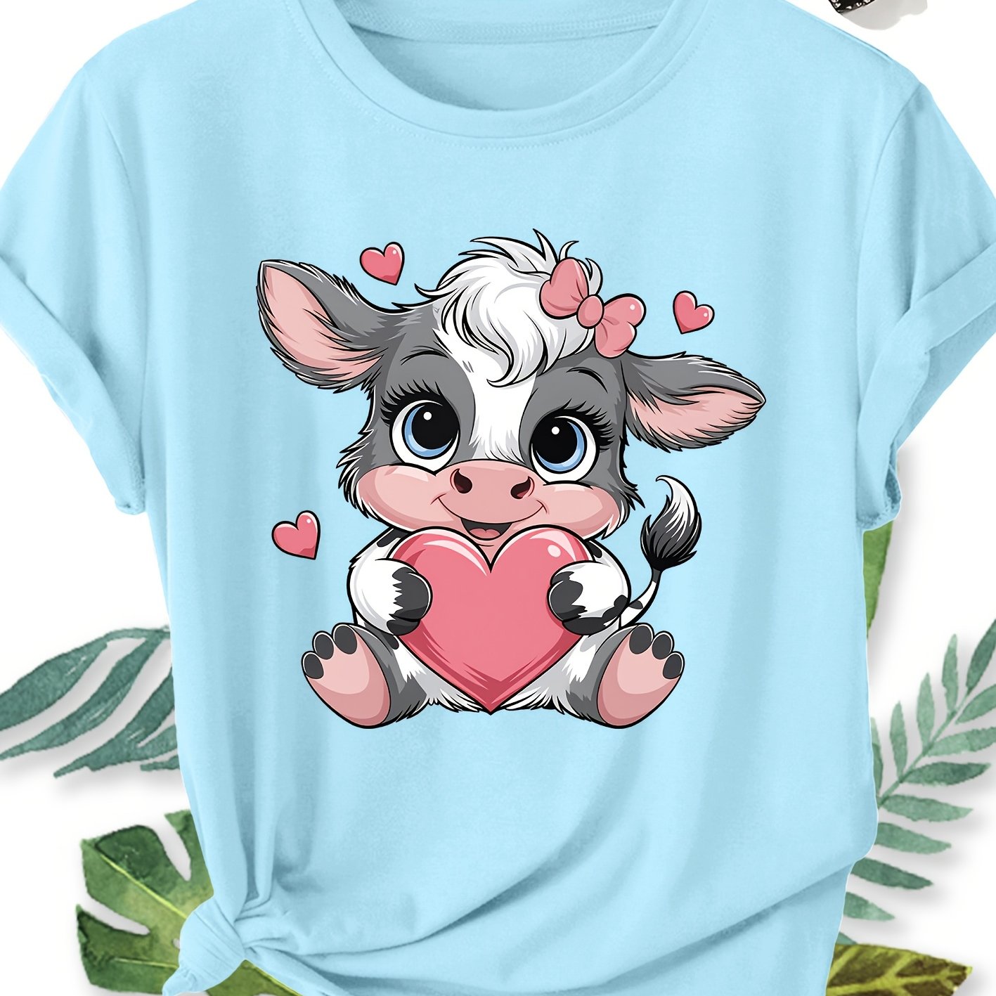 TEMU Women's Elegant Style Plus Size Loose Short Sleeve, Cartoon Cow Bow Print Pattern Round Neck Comfortable Soft Breathable Summer Short Sleeve