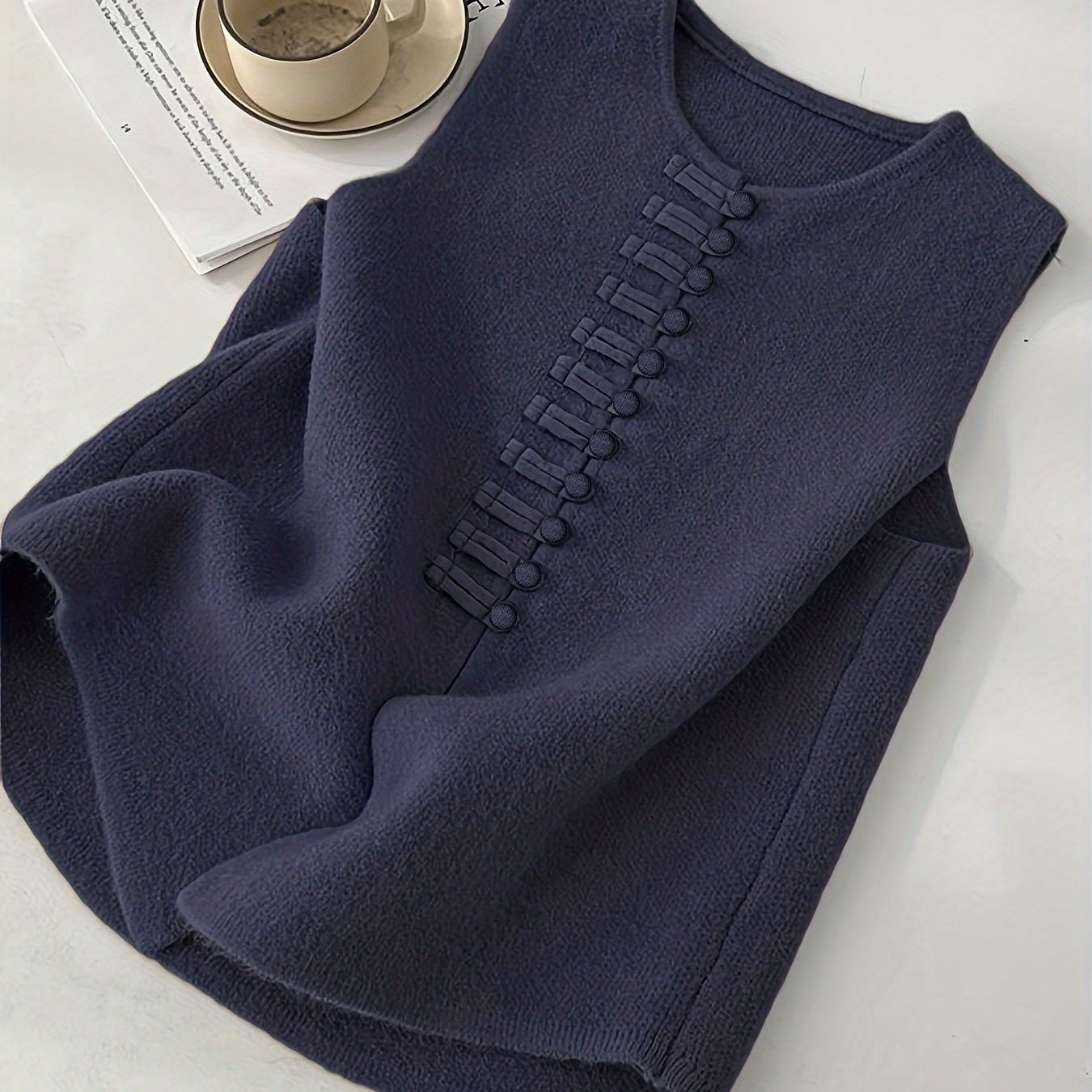 TEMU 2026 New Women's Spring/autumn New Chinese-style Vintage Elegant Casual Solid Sweater Vest Outerwear Jacket