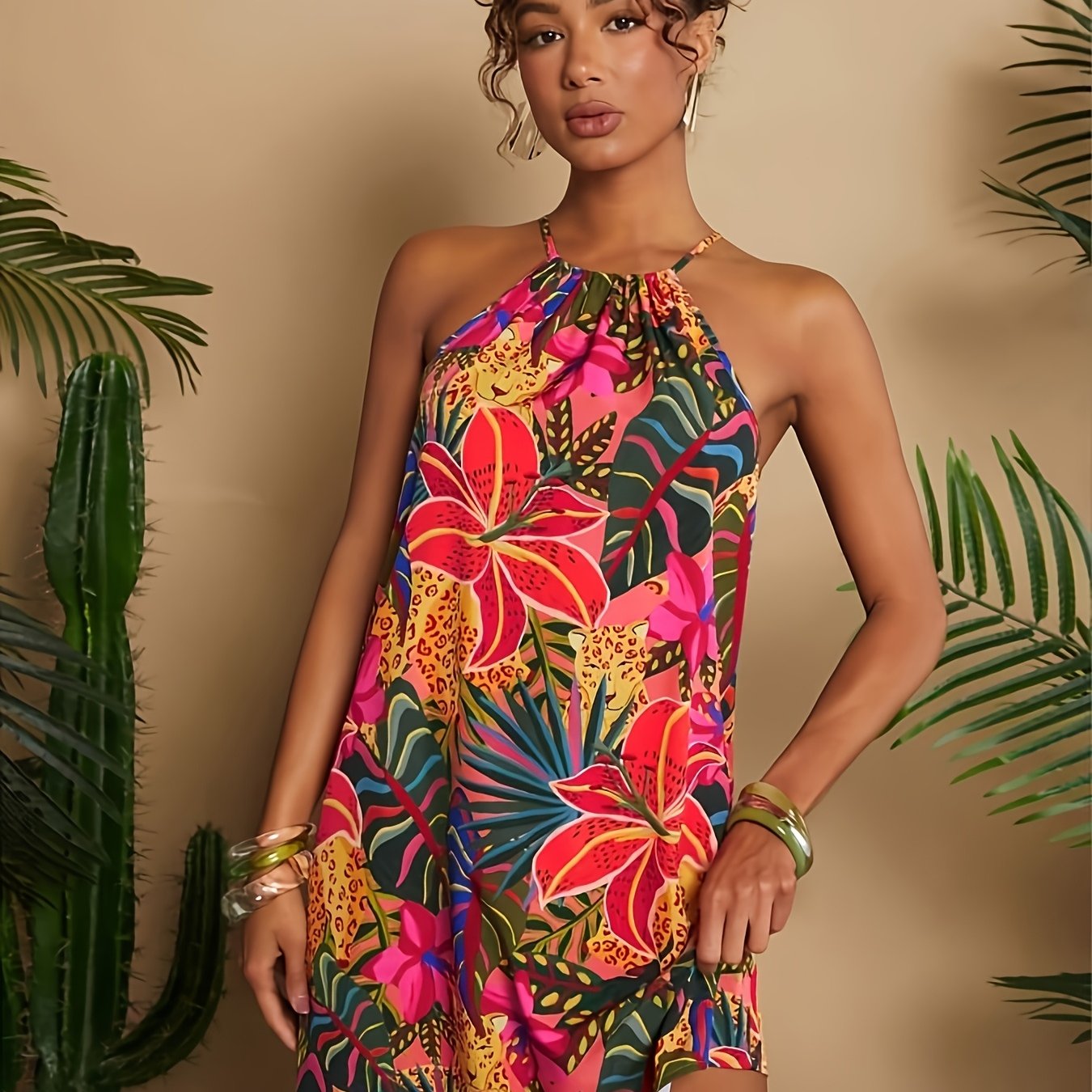 TEMU Ak260225131 Holiday Party Sleeveless Halter Neck A-line Dress, Style Tropical Floral Print Design Mini Dress