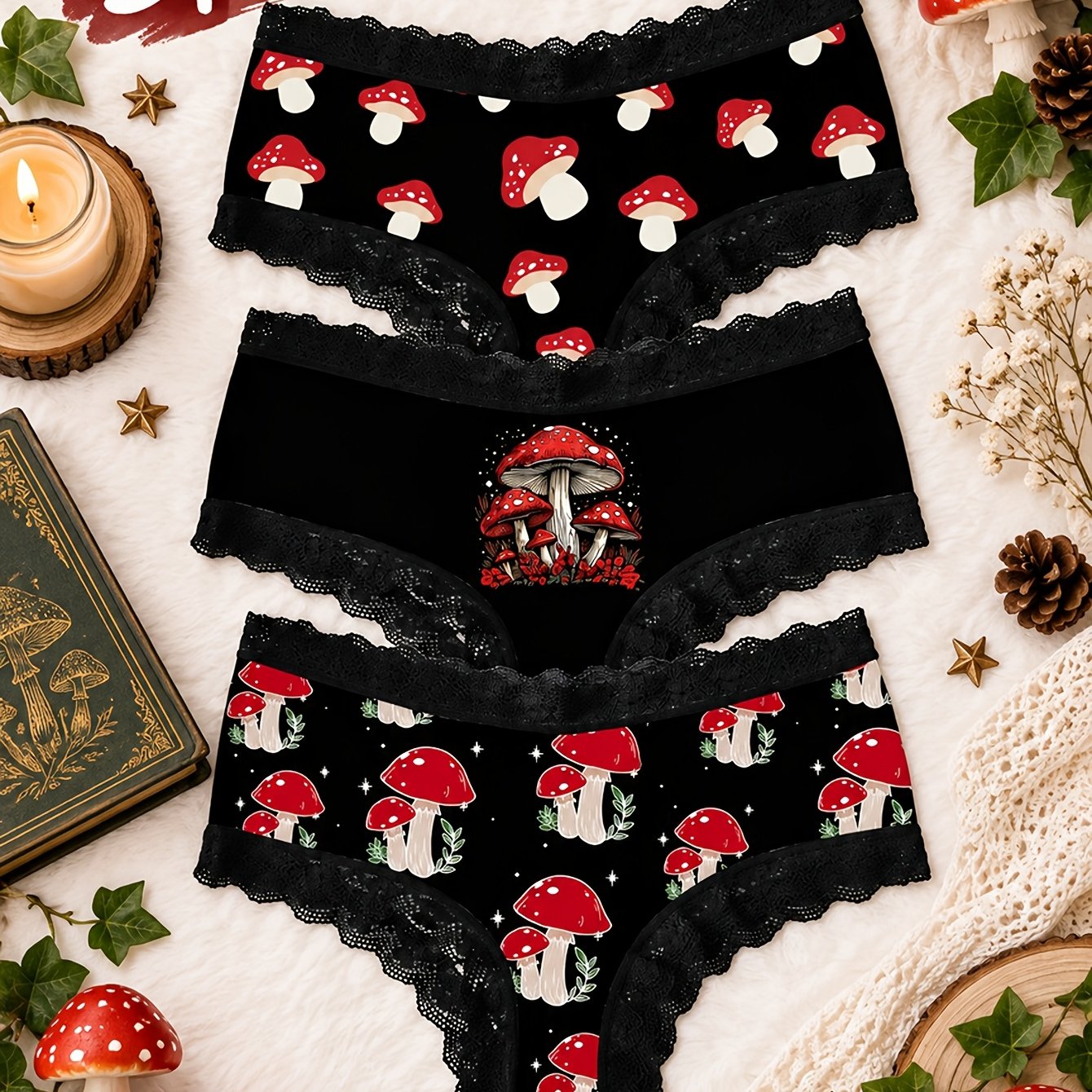 Image of 3-pack Style Women's Lace Triangle Panties With Red Mushroom Prints, Black Trim, Retro Tale Aesthetic, Breathable Mid-waist Underwear, Perfect Gift For, Holiday Present