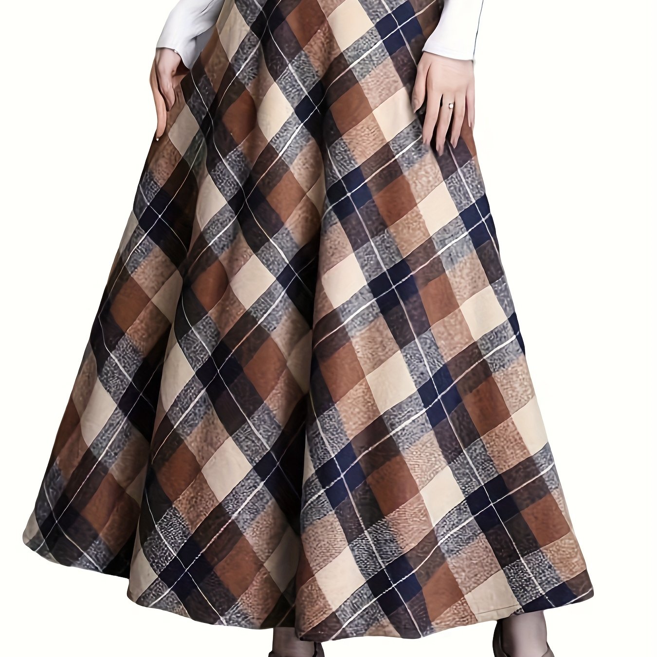 TEMU Women's Plaid Long Skirt, Pleated Design, Thick Fabric, Vintage Style, Suitable For Autumn And Winter Wear, Warm, Elastic Waistband, Long Skirt