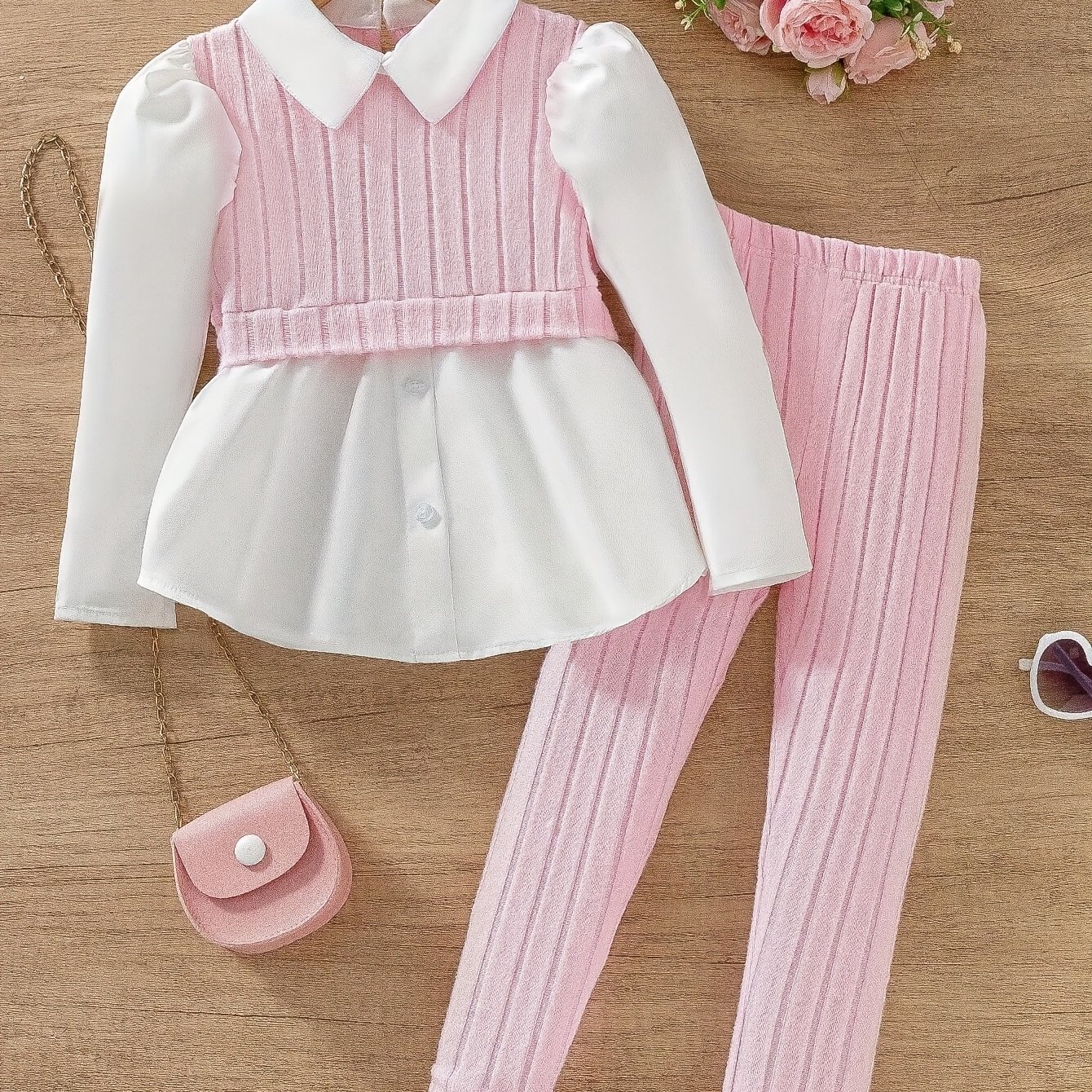 Fleece-lined Fake Two-piece Spliced Shirt Top + Pants Two-piece Set Autumn And Winter Style, For Outdoor