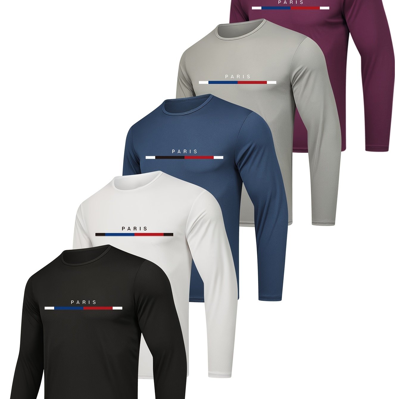 E-shop 5er-Pack Herren Langarm-T-Shirts – Atmungsaktives Polyester – Paris-Print-Design, reguläre Passform für Frühling/Herbst