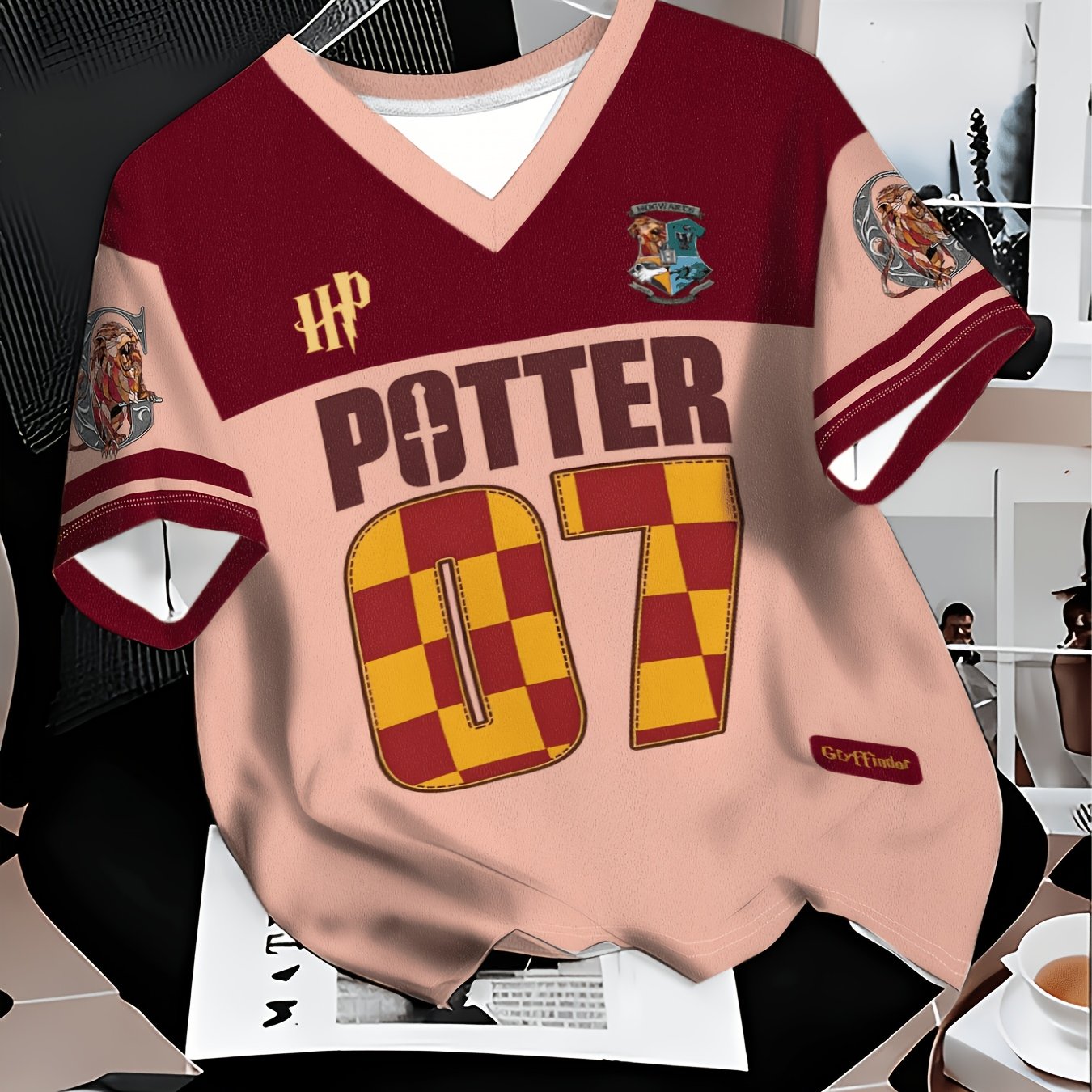 TEMU Harry Potter Gryffindor-themed V-neck T-shirt, Women' Size, Ideal For Summer And Outfits In The Wizarding World