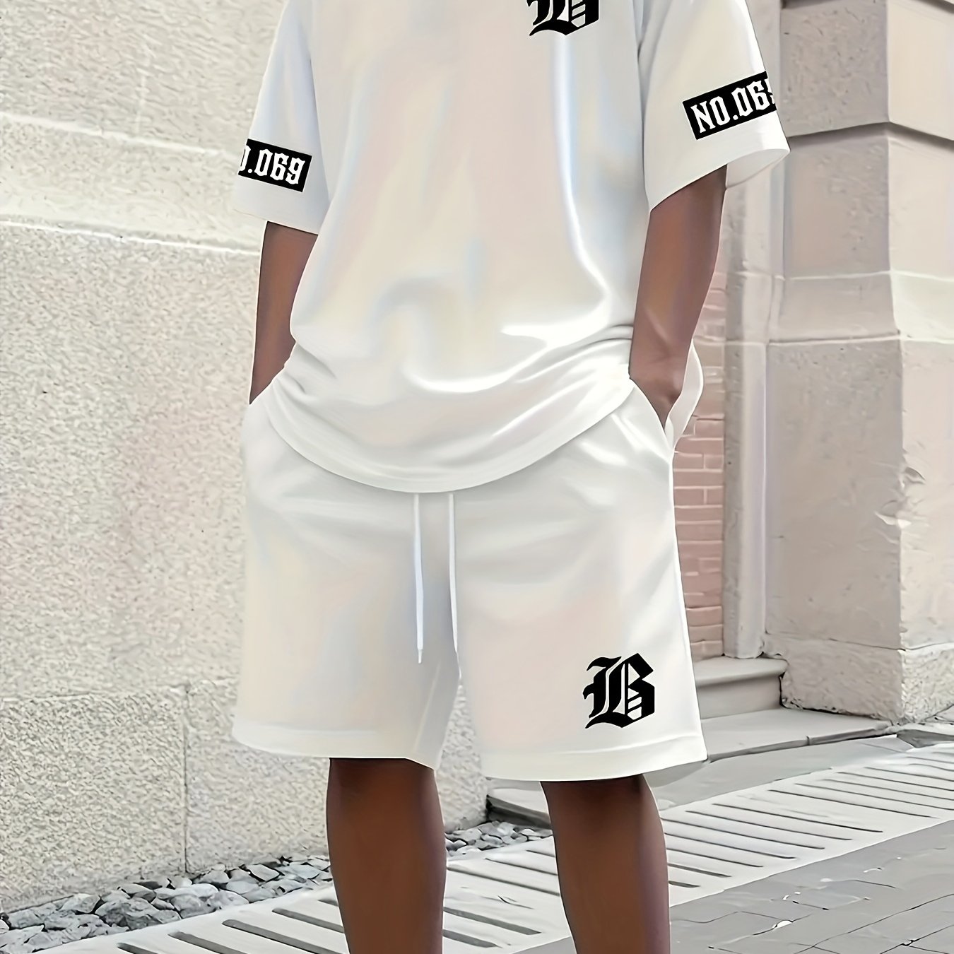 TEMU Print Design - No Texture Sports And Casual Men's T-shirt And Shorts Set With B Letter Print, Made Of Knit Fabric, Machine Washable, Perfect For