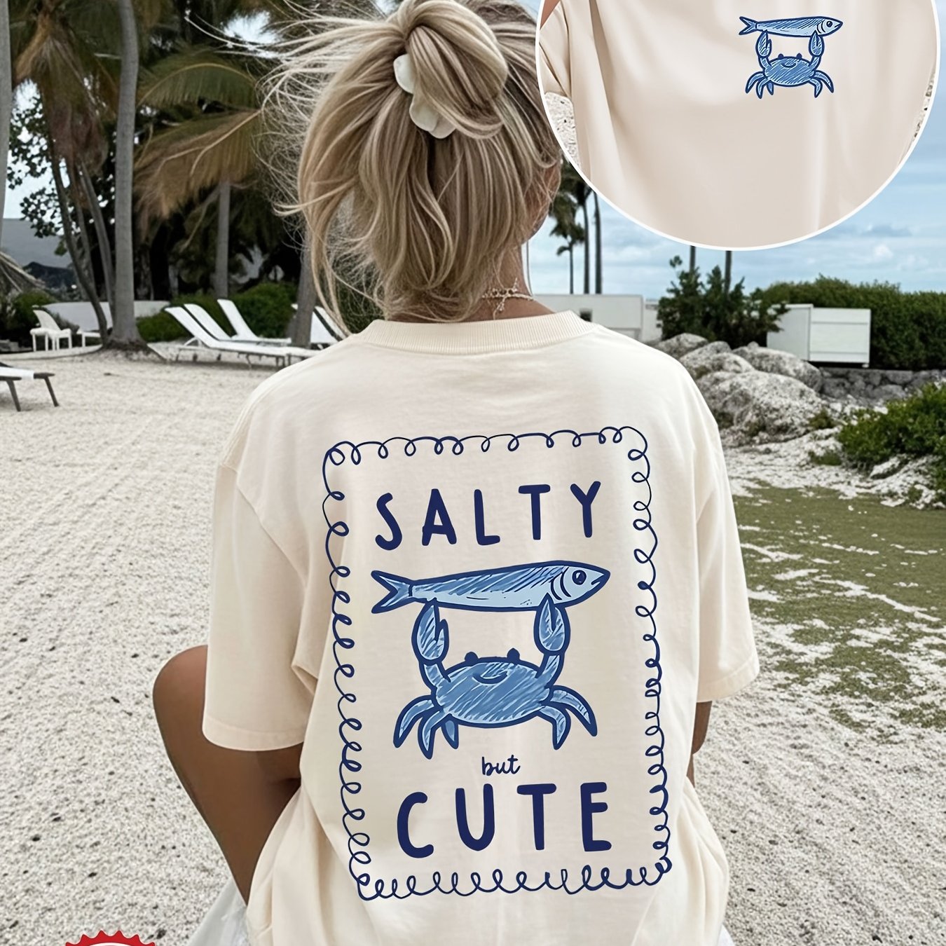 TEMU Front And Back Double-sided Print Summer Loose-fit Casual Women's Top, Hand-painted Style With Crab And Small Fish "salty But Cute" Print, Round