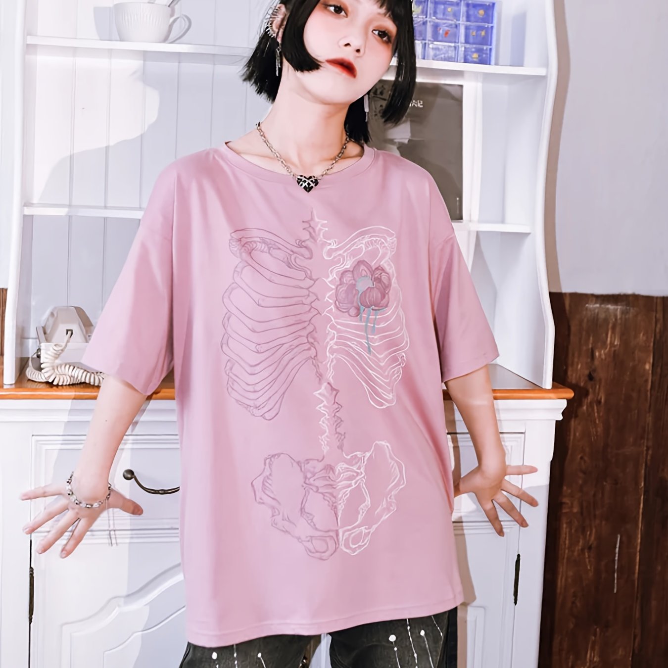 Maglietta Grunge Donna Y2K Vintage, Manica Lunga Oversize, Top Emo Gothic Harajuku Con Stampa Grafica, Nero