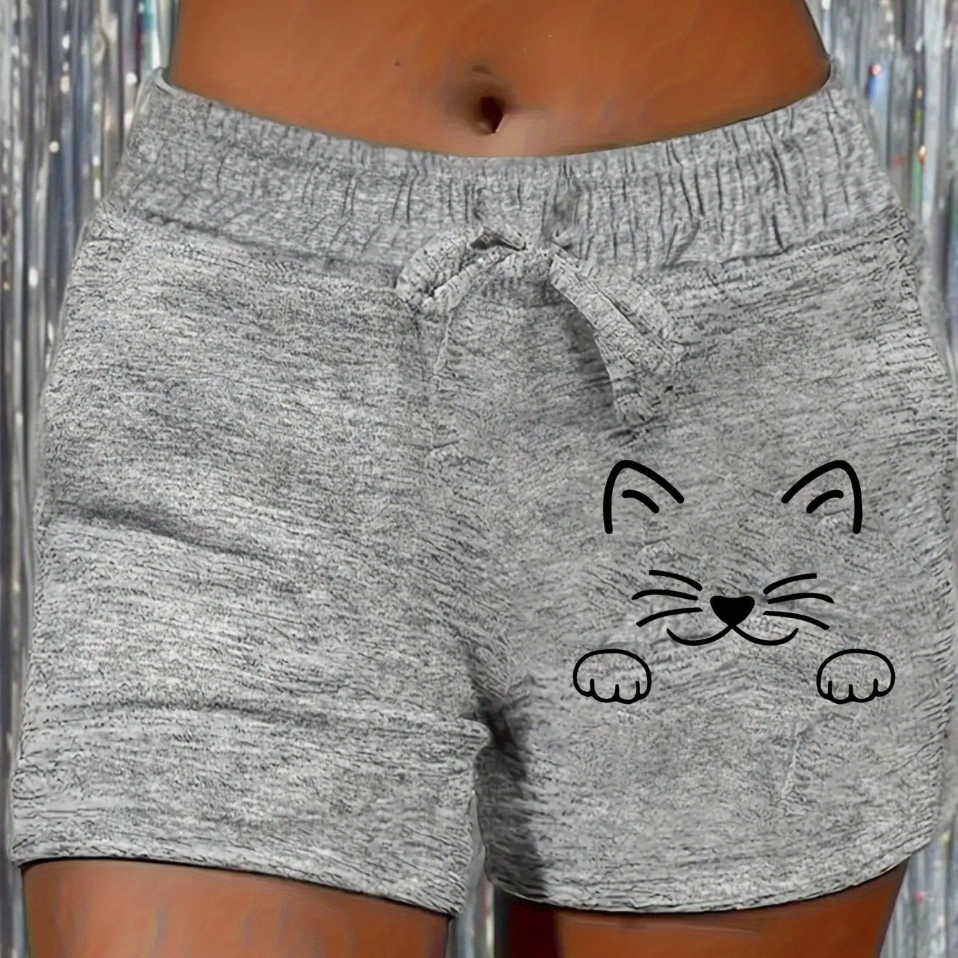 Casual Women's Shorts Featuring A Printed Cat With Cartoonish Facial Features And A Drawstring For