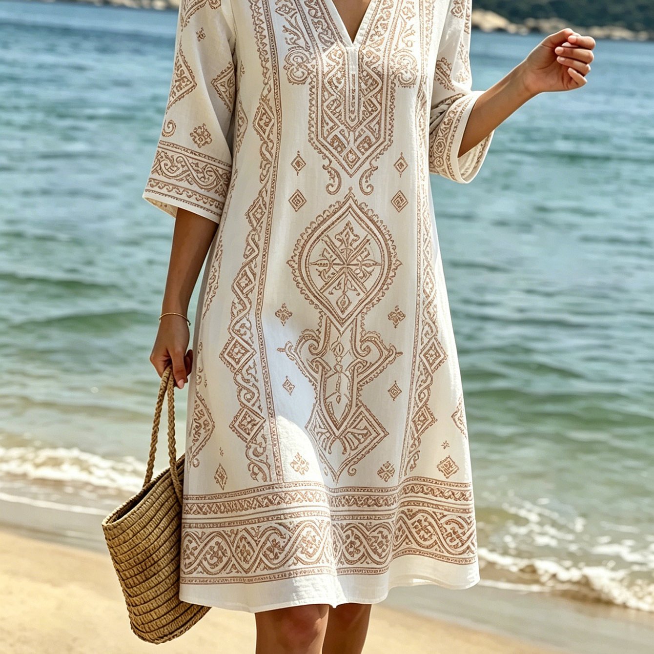Women's Dresssummerbohemian Dress Beach Vacation Dressvintage Totem Print V-neck Breathable -like Fabricno Specific Holidaybohemian Casual Styleexquisite Pattern Loose And Comfortable Skin