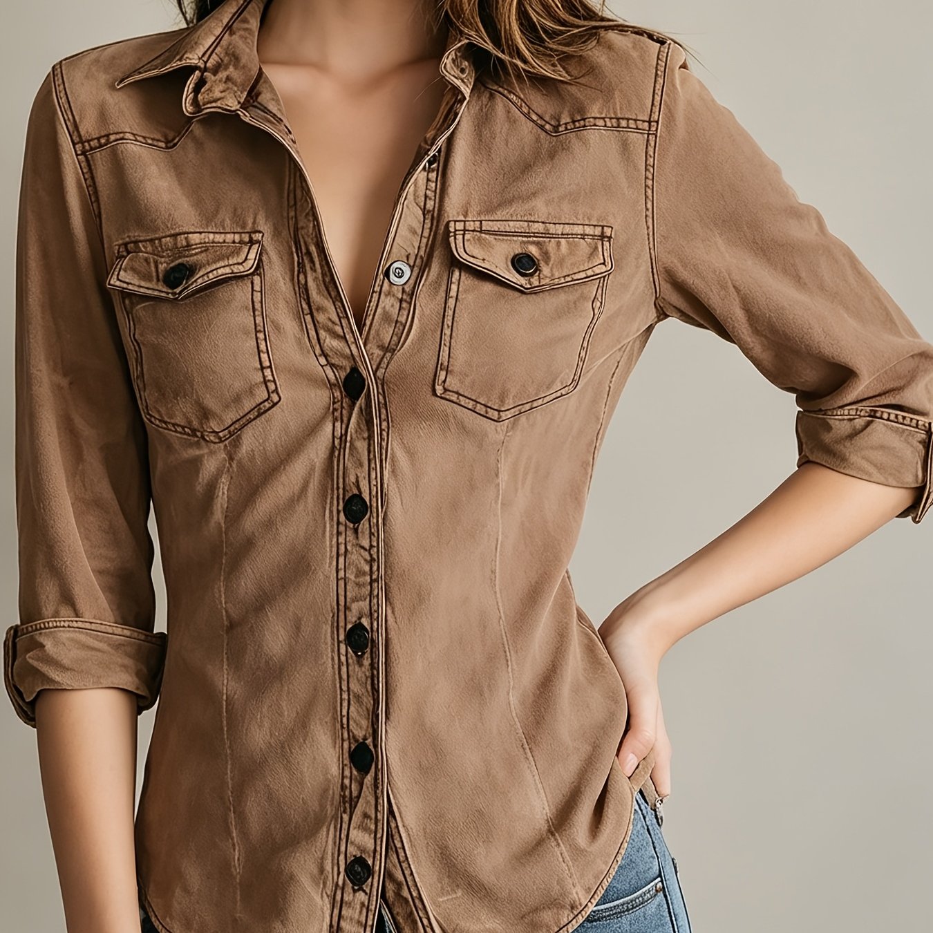 Spring New Women's Casual Retro Shirt Long Sleeve Cargo Button-up Top