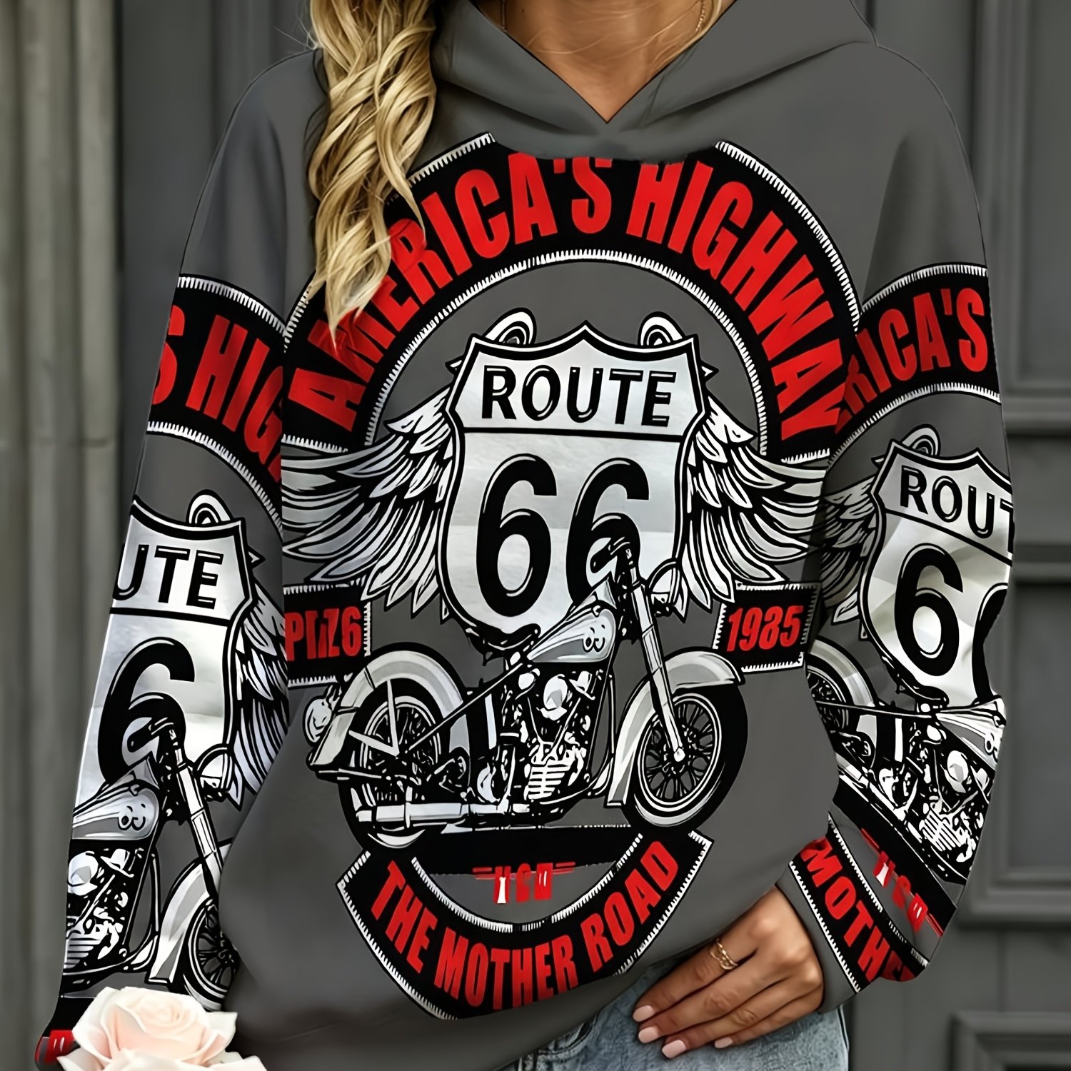 TEMU Women's Vintage Motorcycle & Shield Print Hoodie - Retro Americana Pullover, Round Neck Casual Suitable For Fall/winter, Machine Washable