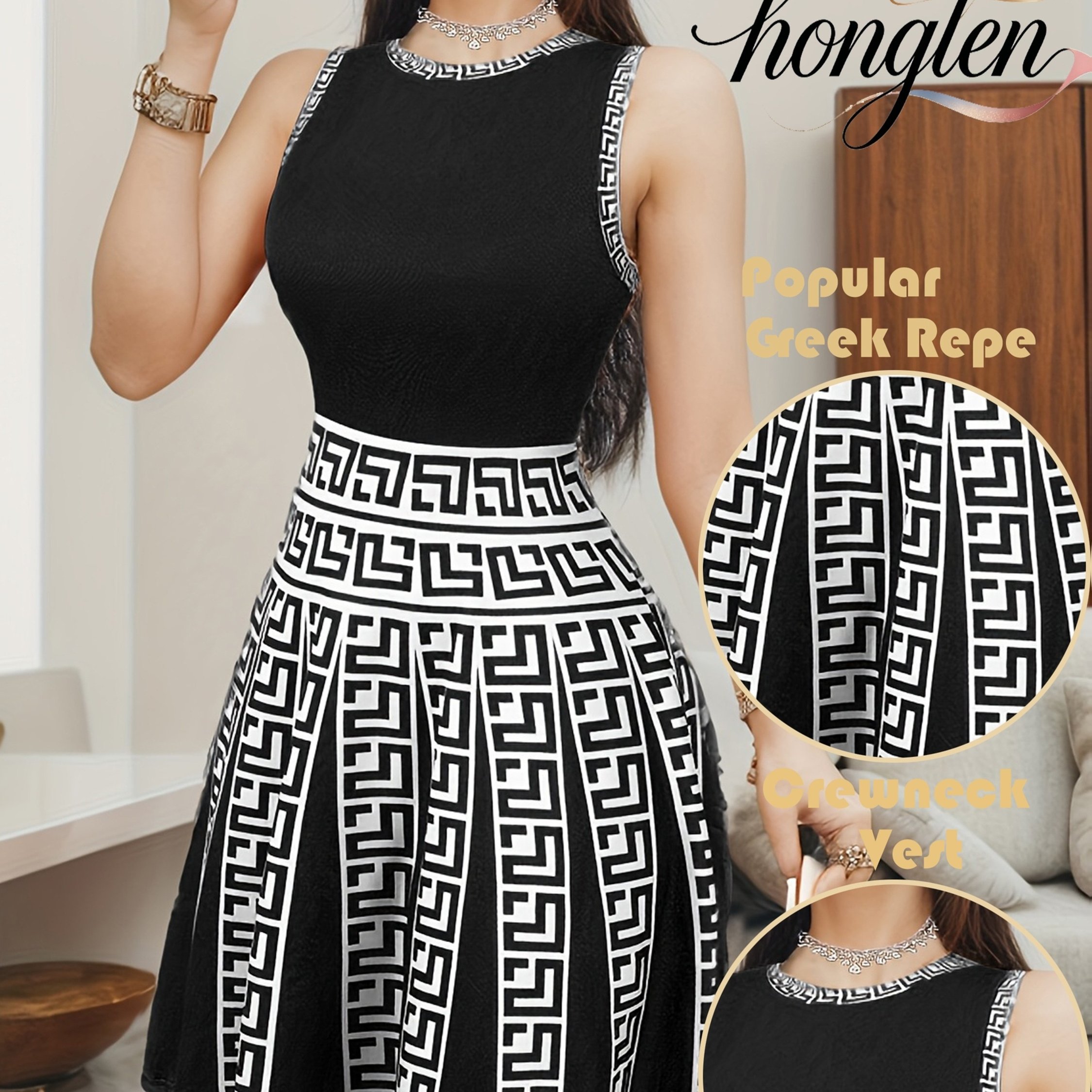 TEMU Women's Striped Print Crew Neck Sleeveless Tank Dress, Machine Washable, Casual, Comfortable, Elegant, Waist-defining With Full Skirt, Essential