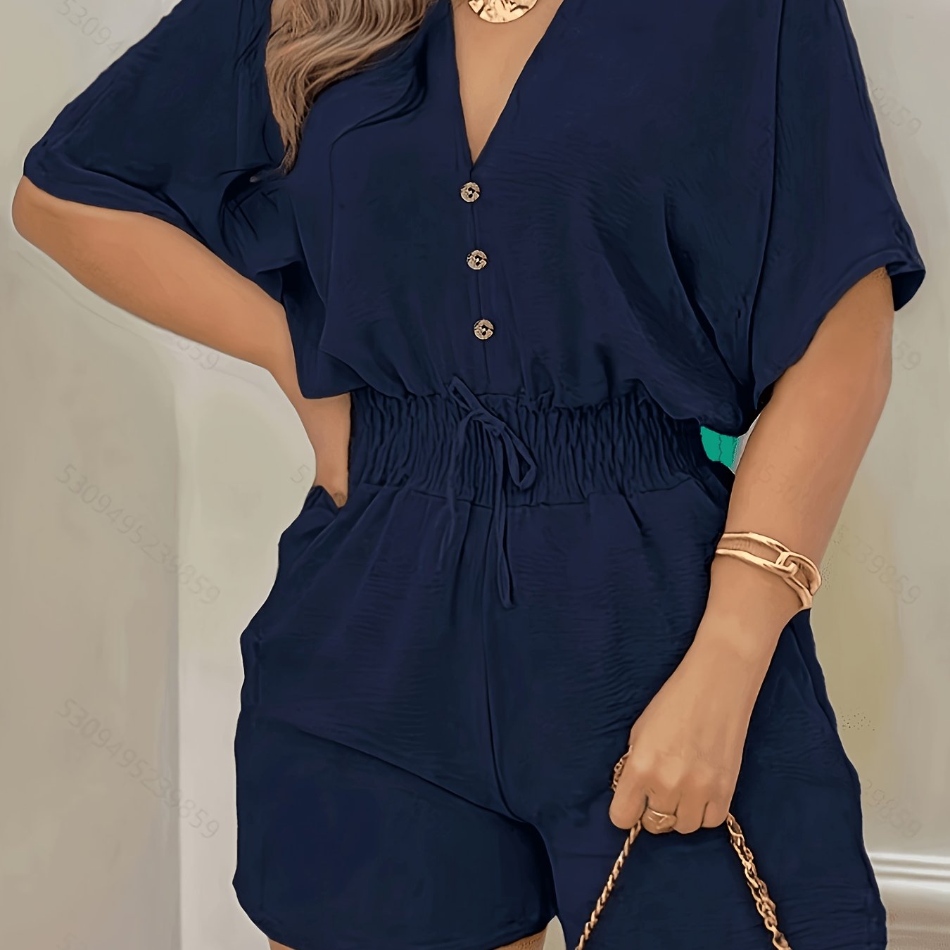 TEMU Pantalón corto casual de mujer con cuello en V, botones y cintura elástica, murciélago, estilo elegante de y verano