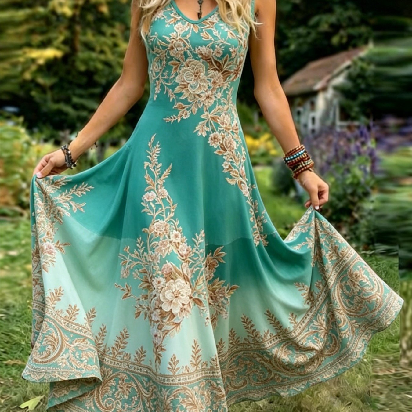 Plus Size, Women's Vintage-style Sleeveless Dress-an Elegant, Casual, Round-neck A-line Maxi Dress. Easy To Care For, Perfect For Daily Wear And Vacation Leisure.
