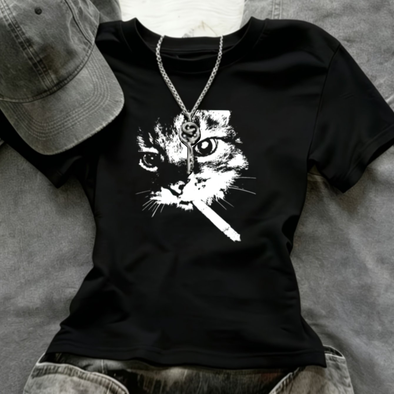 TEMU Cool And Edgy "drag Sister" Style Top Featuring A Smoking Cat Print. A And Attitude-filled Piece Perfect For Daily Commutes, , Or Casual Wear.