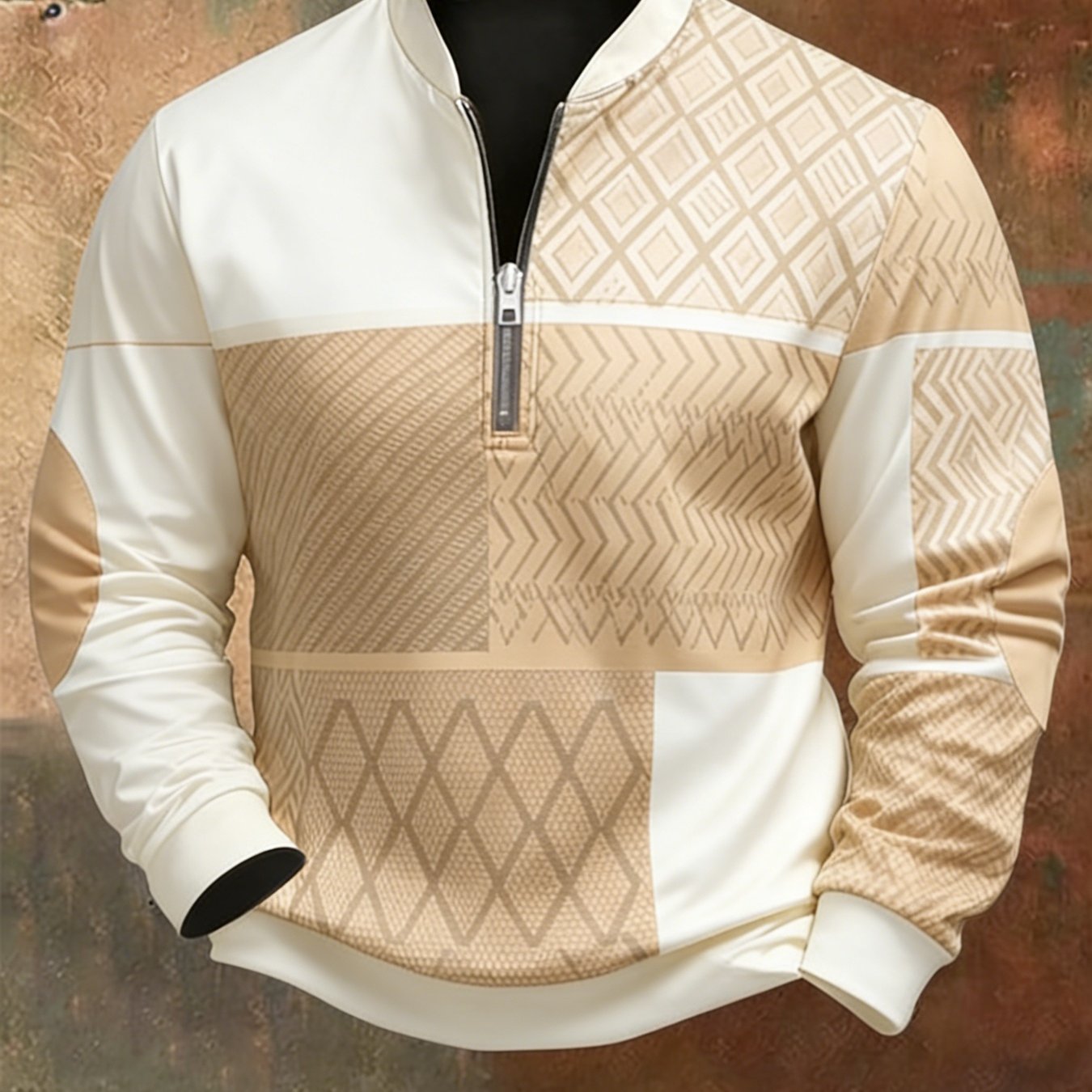 Plus Size Men's Shirt Beige Stitching Geometric Pattern Semi-zipper Collar Sweater Commuting Leisure Out To Wear., Plus Size