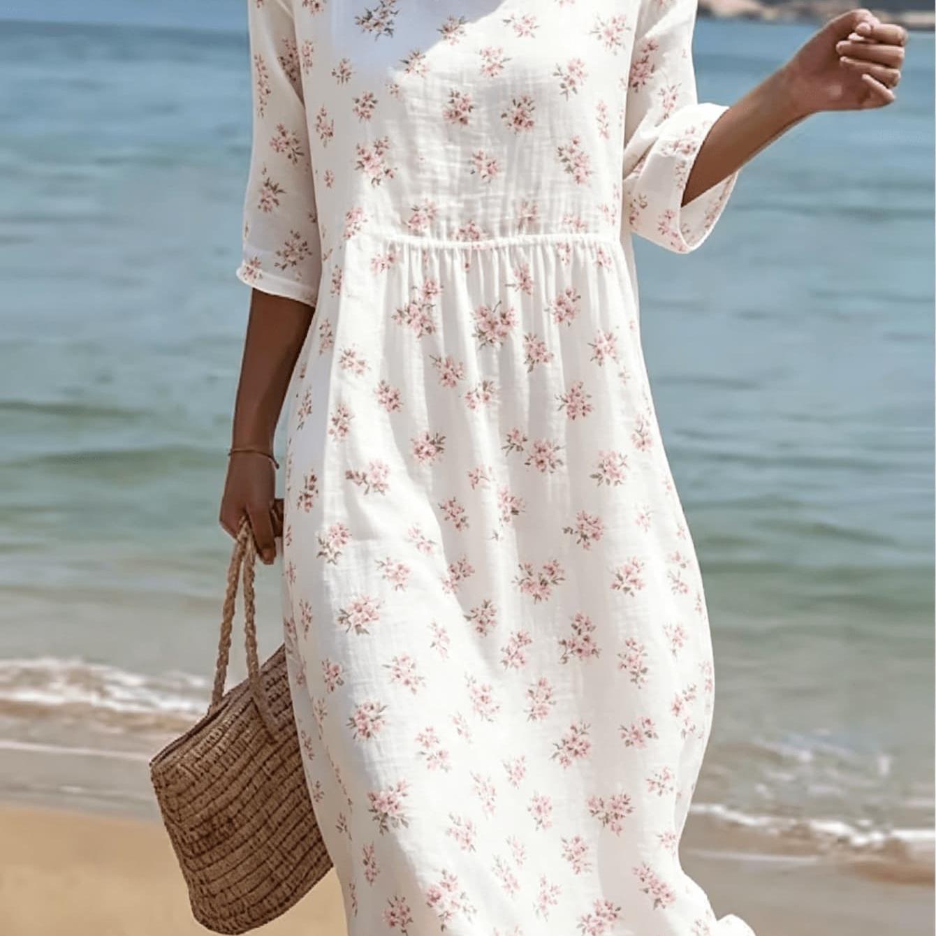 Image of Plus Size, Plus Size Ditsy Floral Print Dress For Women, Casual 3/4 Sleeve Round Neck Loose Dress, Lightweight Summer Casual Midi Dress