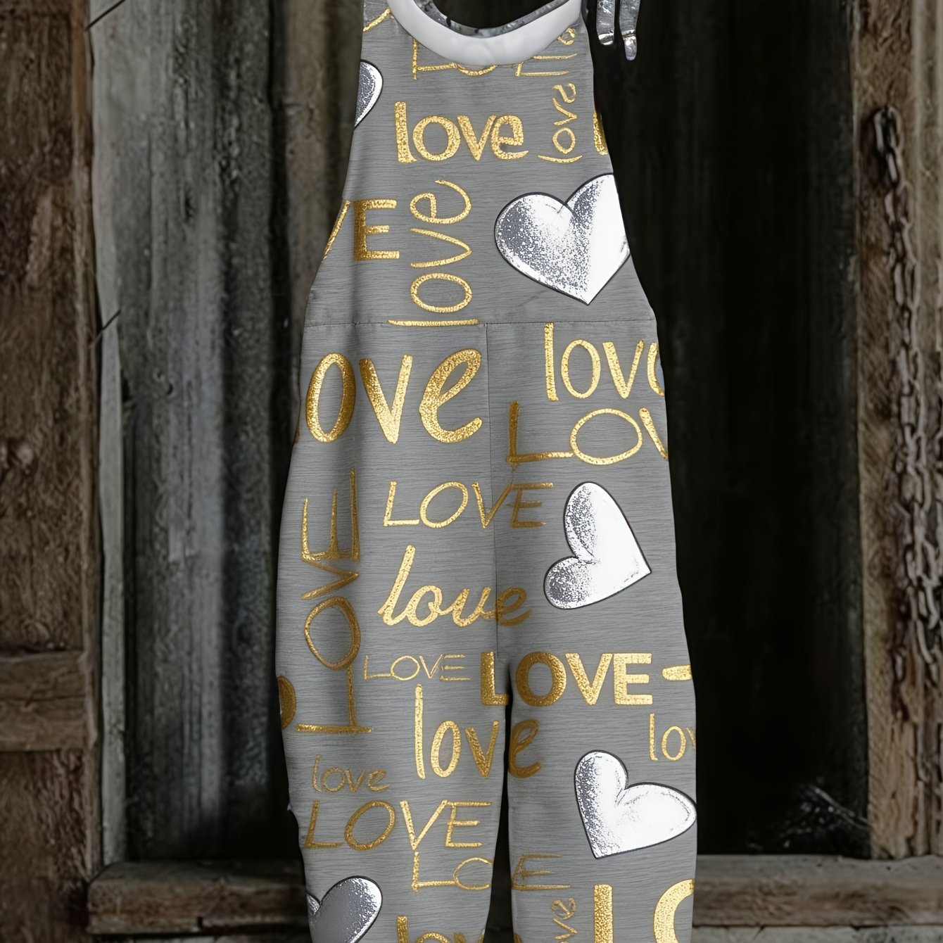 TEMU Plus Size - Plus Size - L-6xlgray Letter Heart Print Overalls, Women's Casual Fashion Loose Long Pants, Summer Korean Trendy New Style