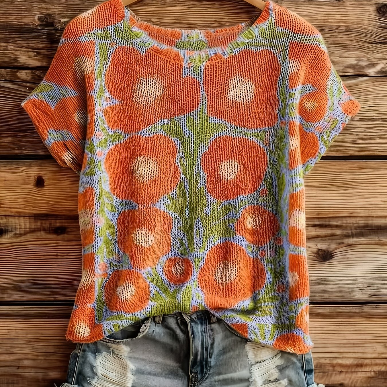 Image of Spring/summer/autumn Elegant Style Loose Fit Round Neck Fabric Floral Print Short Sleeve Women's Top, Autumn Women's Outerwear Top With Circles
