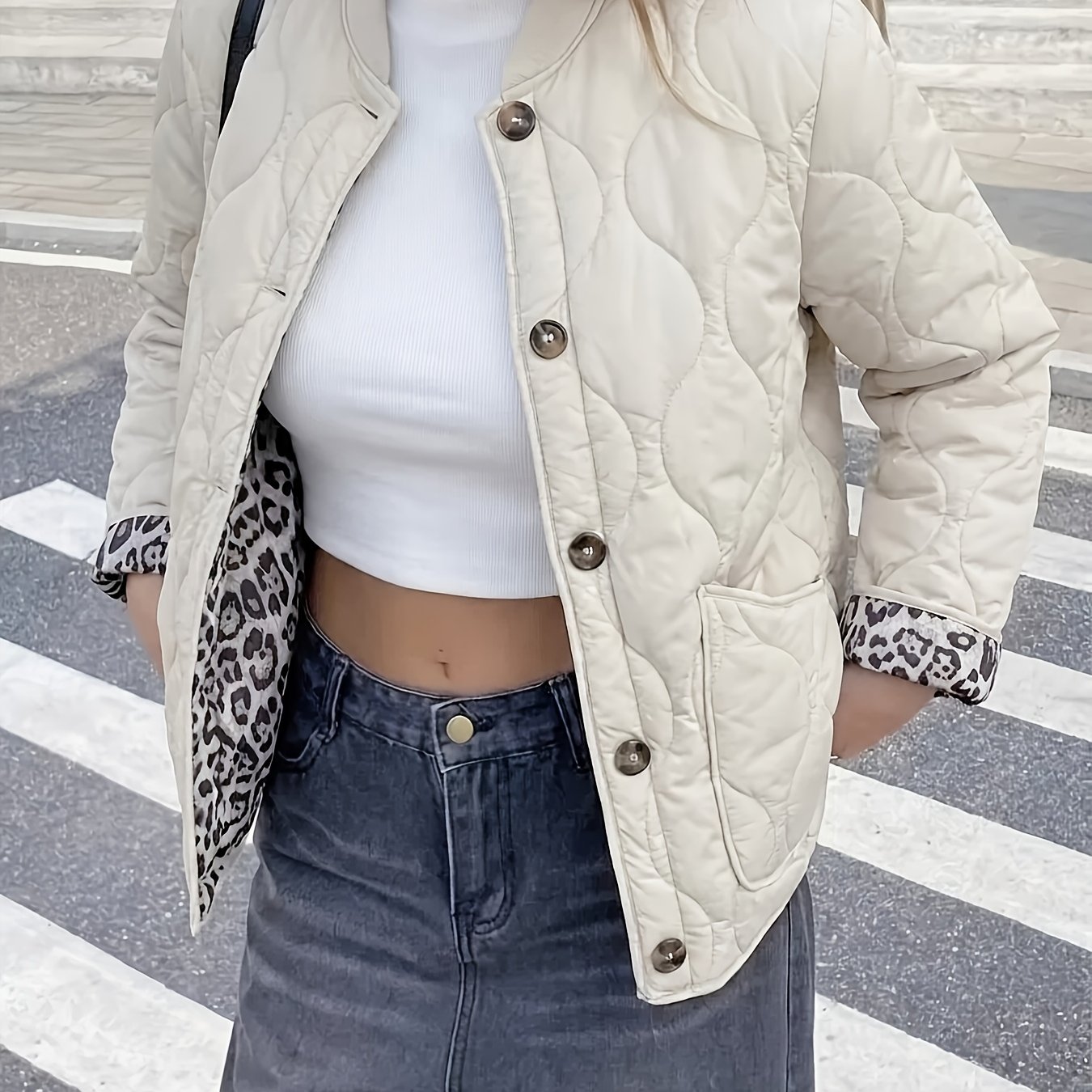 TEMU Spring, Autumn, Winter Women's Quilted Padded Jacket With Leopard Print Lining And Baseball Collar, Single-breasted Loose Fit Outerwear,